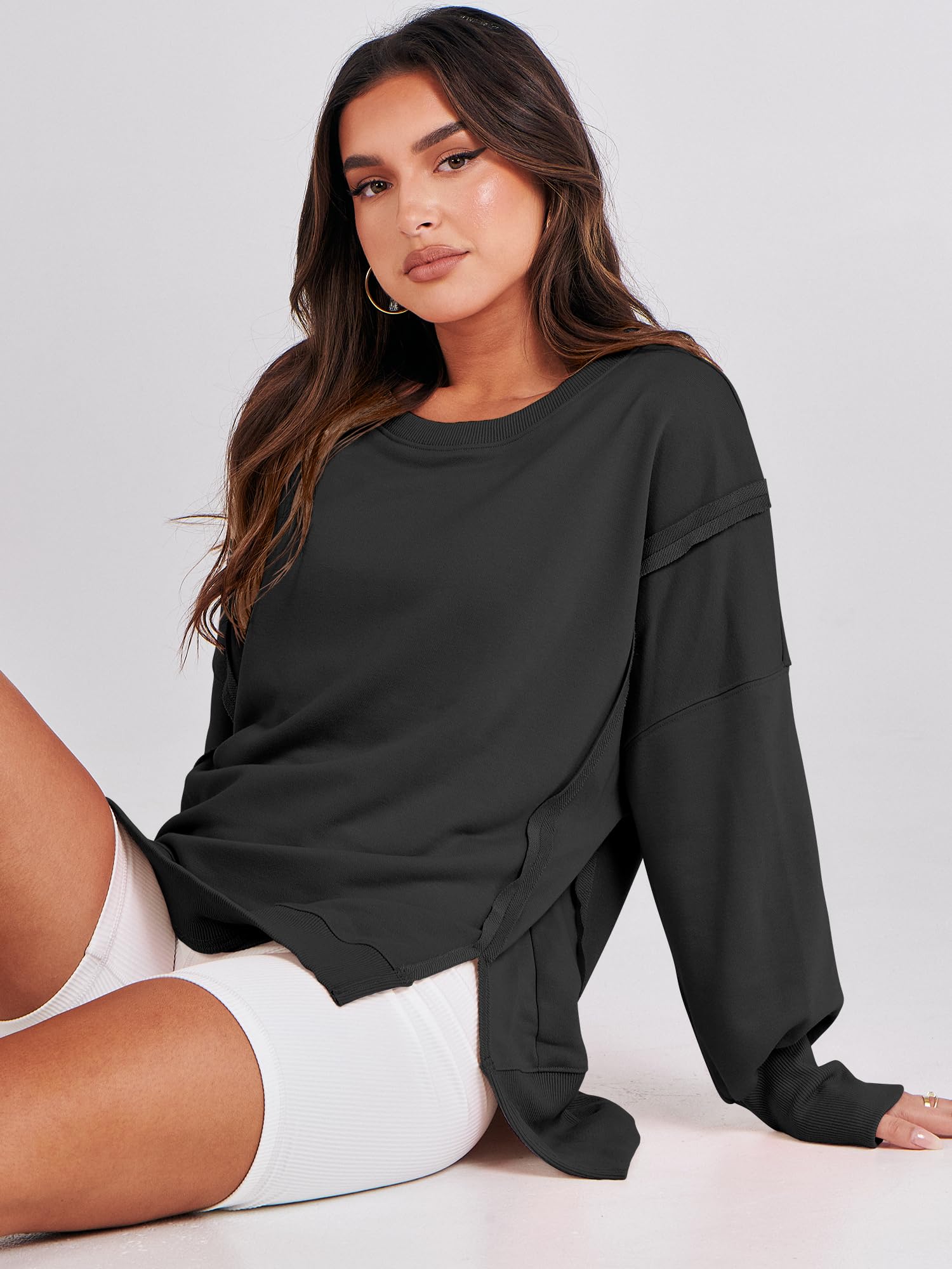 ANRABESS Women's Oversized Sweatshirt Crew Neck Long Sleeve Casual Slit Pullover Top Fall 2024 Teen Girl Preppy Clothes Black XXL