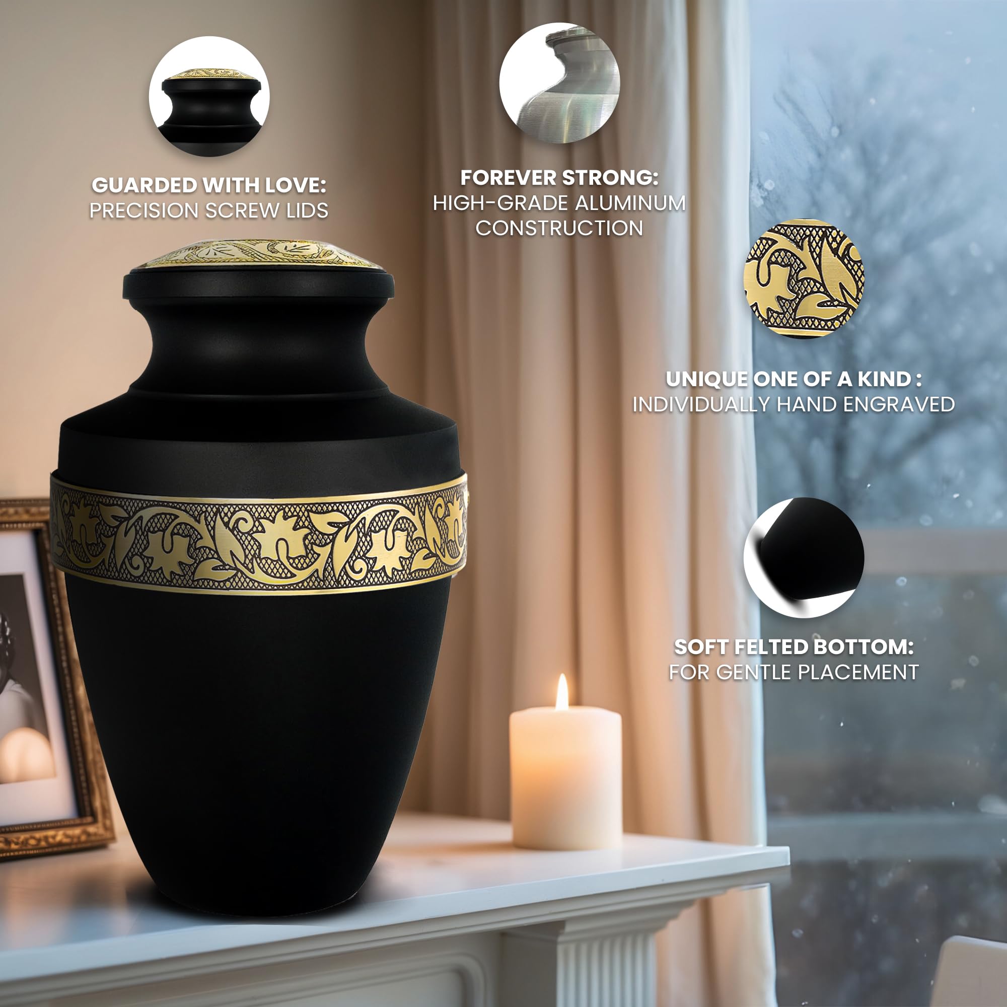 AmericUrn Set of 4 Funeral & Cremation Urn for Ashes Adult Male & Female with 1 Large Grecian Black Decorative Urn for Human Ashes Adult Man 2 Small Keepsakes & 1 NecklaceUrn-Handcrafted in India