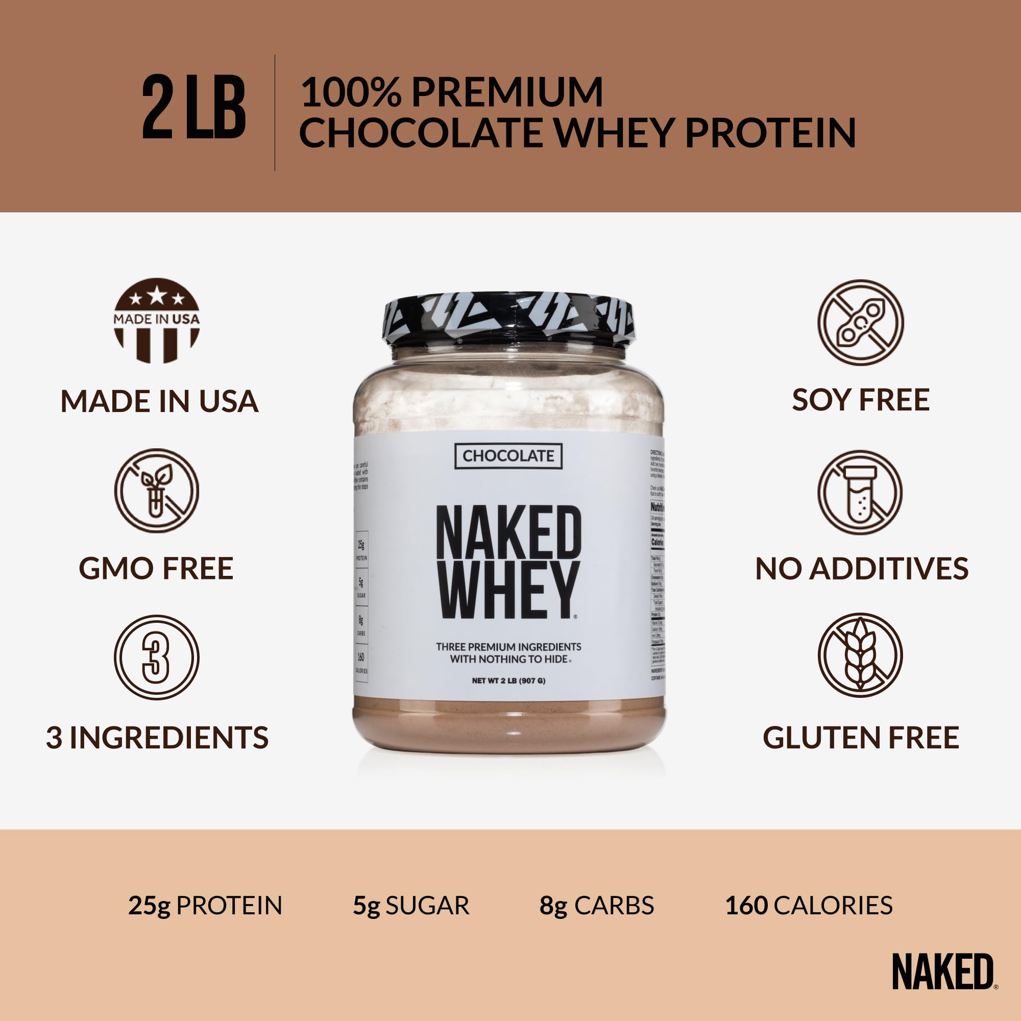 Naked Whey Chocolate Protein Powder - Only 3 Ingredients - Grass Fed Whey Protein Powder, Organic Chocolate and Organic Coconut Sugar, No GMO, No Soy, and Gluten Free - 24 Servings