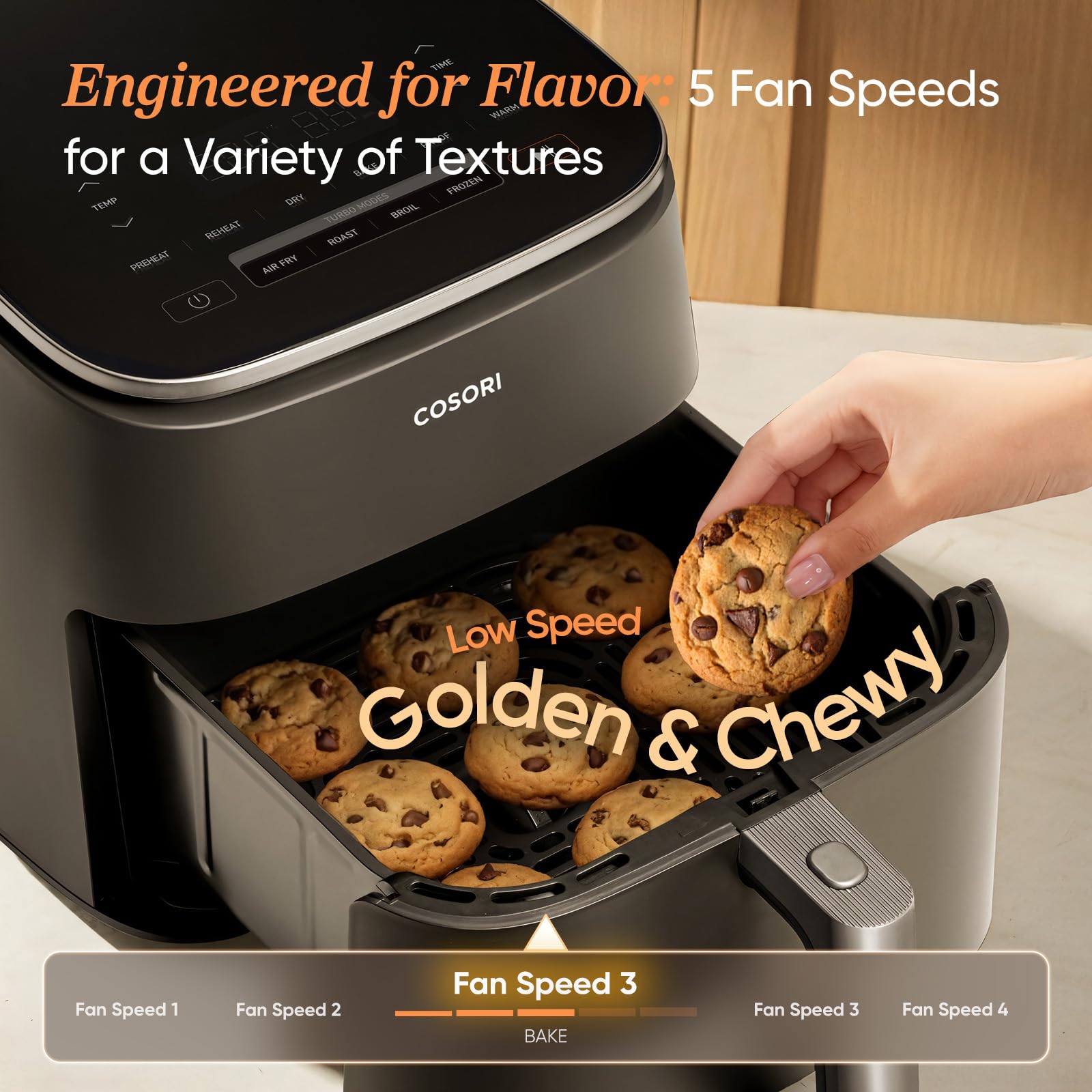 Cosori 9-in-1 TurboBlaze Air Fryer 6 Qt, Premium Ceramic Coating, 90°–450°F, Precise Heating for Even Results, Air Fry, Roast, Bake, Broil, Dry, Frozen, Proof, Reheat, Keep Warm, 120V, Dark Gray