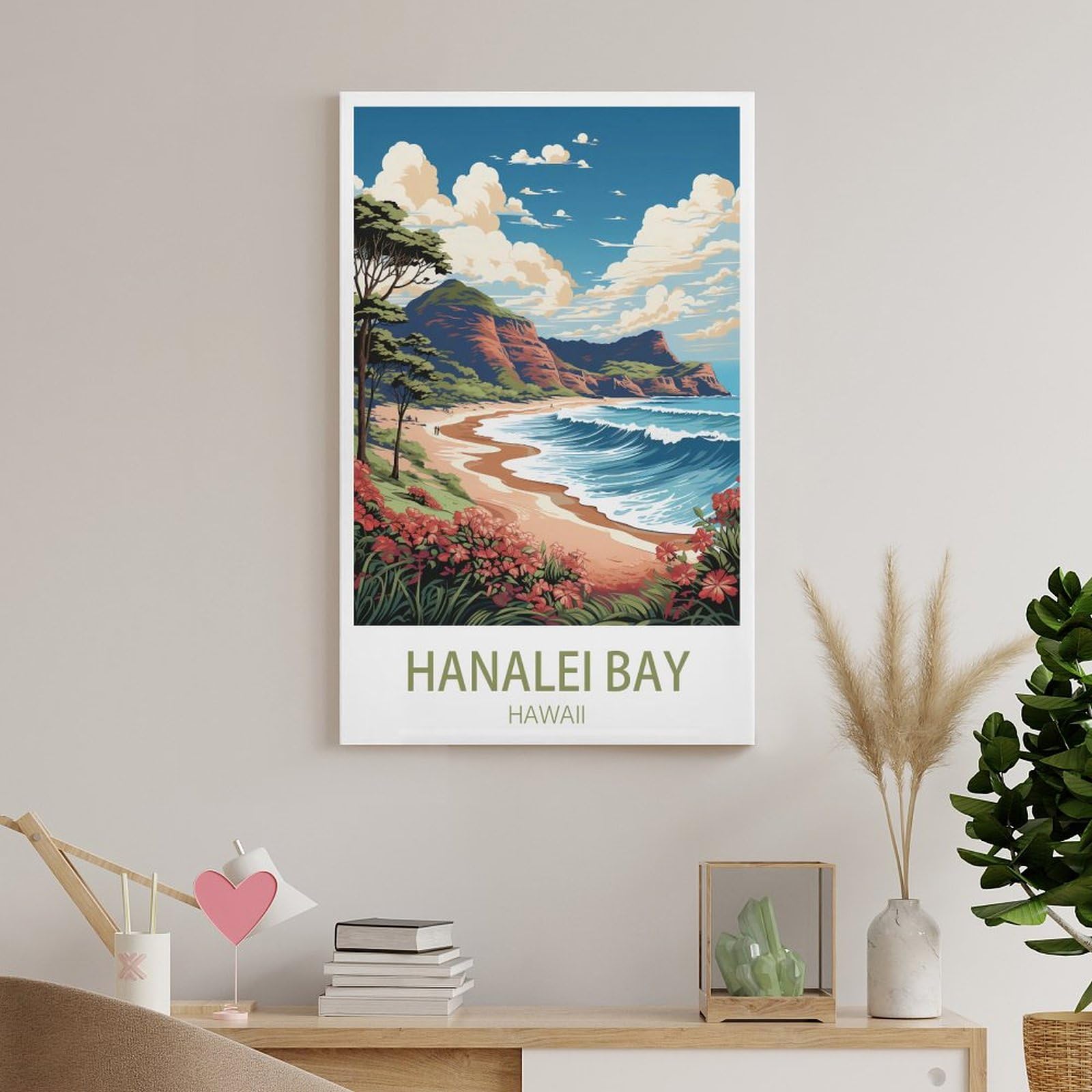 CNAHEIX Hanalei Bay Hawaii Vintage Travel Poster Mountain 24x36inch(60x90cm) Canvas Wall Art Print Painting for Wall Decor Living Room Bedroom