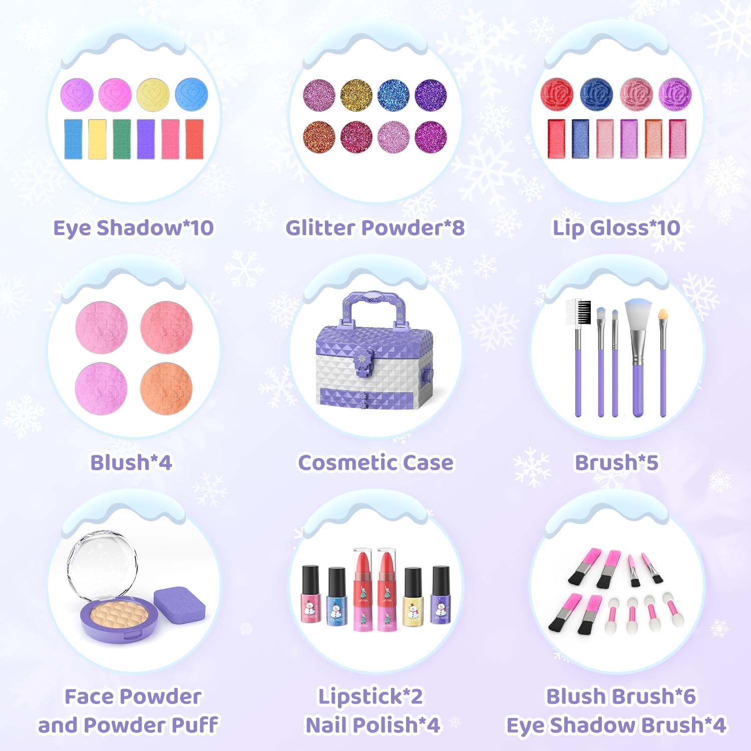 PERRYHOME Kids Makeup Set for Girl 56 Pcs Washable Real Cosmetic, Non-Toxic Frozen Toys Toddler Makeup Kit, Frozen Princess Dress up Game Christmas & Birthday Girl Gift for 3-12(Frozen Purple)