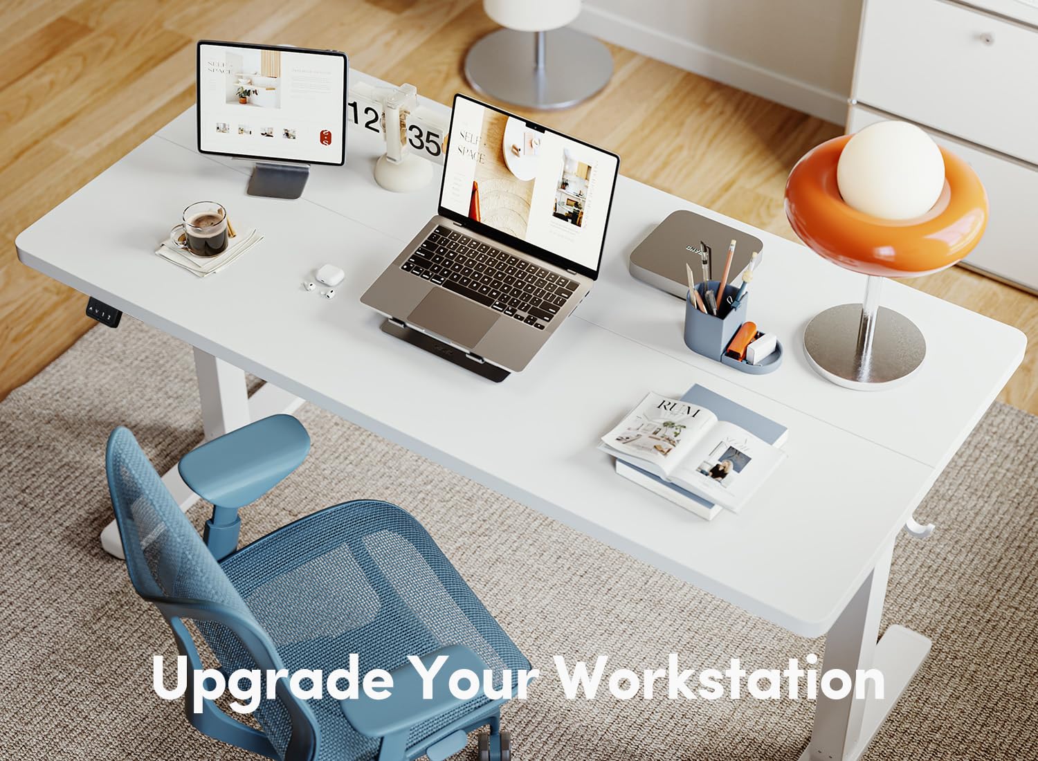 BANTI 40'' Standing Desk, Electric Stand up Height Adjustable Home Office Table, Sit Stand Desk with Splice Board, White