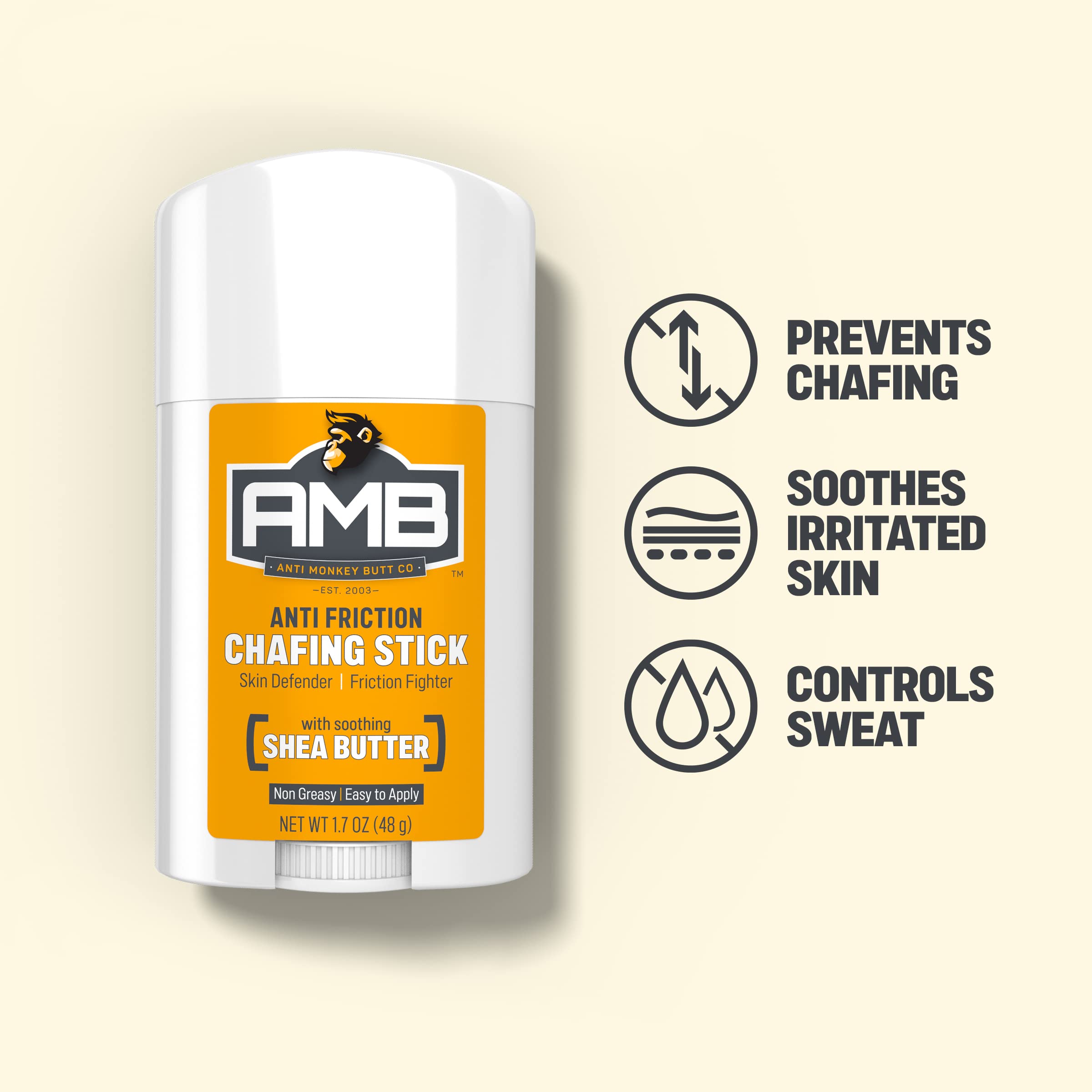 Anti Monkey Butt Anti Chafing Stick, Easy Application to Prevent and Reduce Body, Thigh, Chest Chafe, Rubbing & Irritation with Shea Butter and Almond Oil, 1.7oz