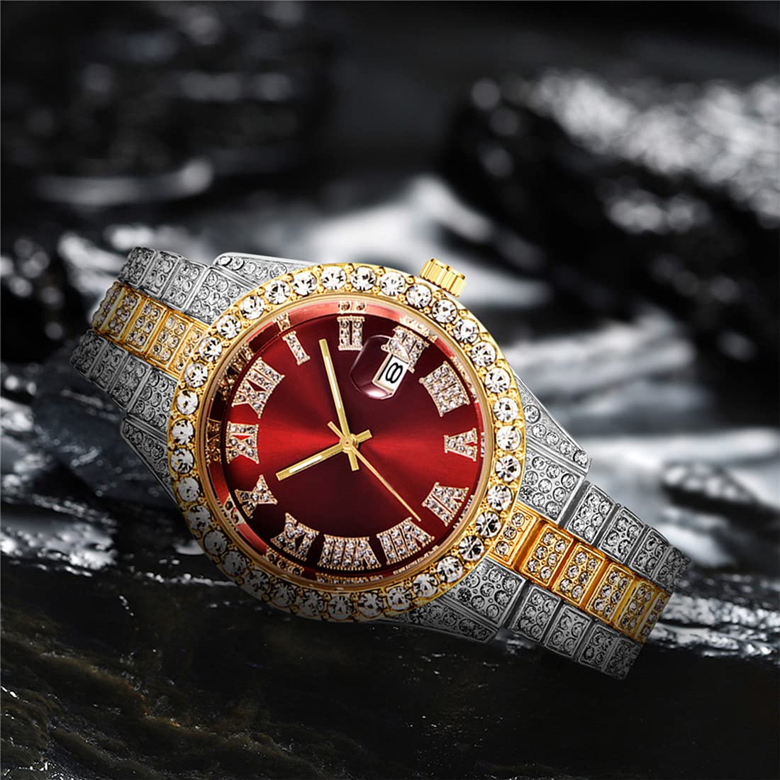 BESTKANG Unisex Luxury Iced Out Watch Mens Diamond Watches Roman Numerals Watches Quartz Analog Wrist Watch (Two Tone red)