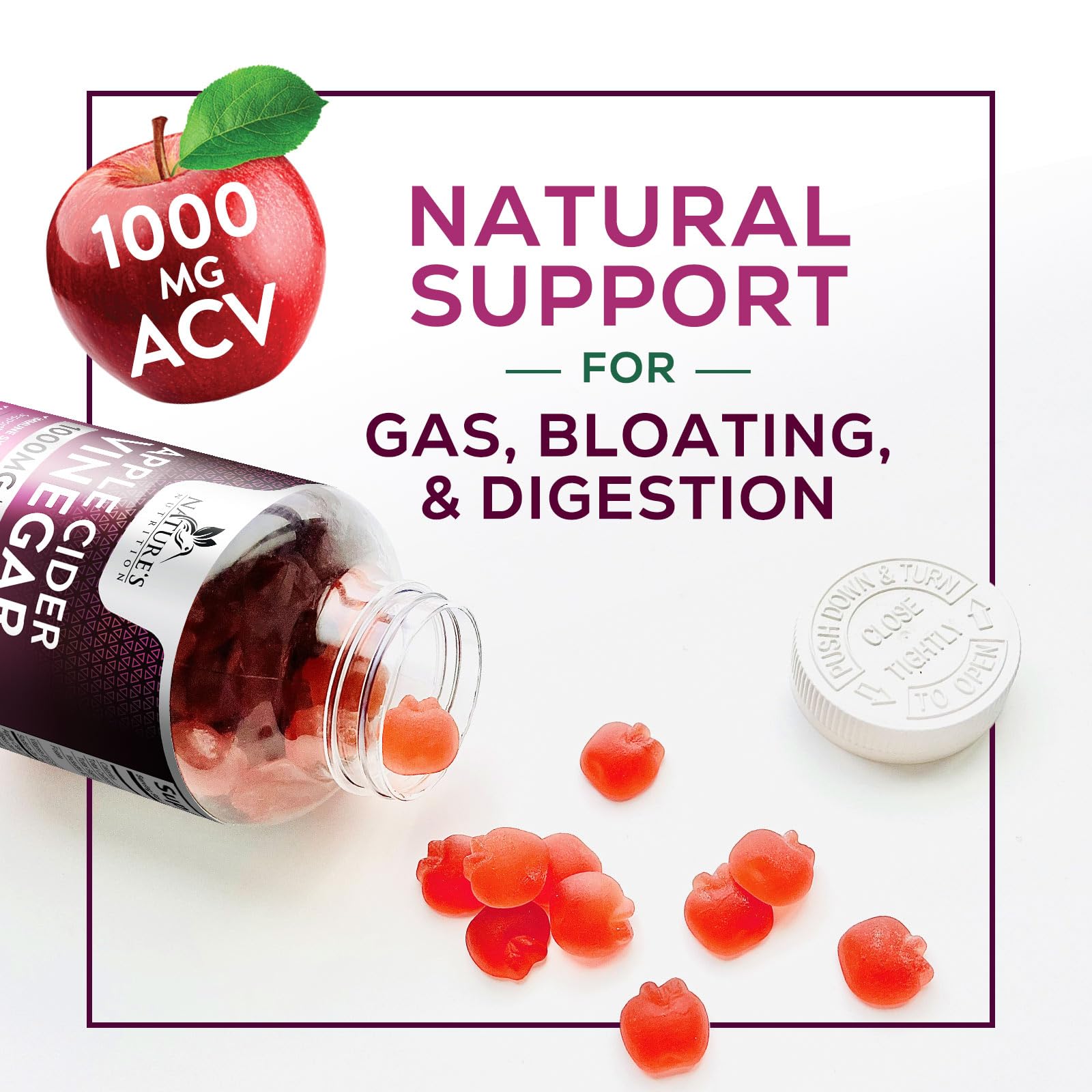 Nature's Nutrition Apple Vinegar Gummy for Weight Loss 1000mg - Vegan Apple Cider Vinegar Gummies for Detox & Cleanse, ACV Supplement Pills, Vitamin B12, Beetroot & Pomegranate, Non-GMO - 120 Gummies