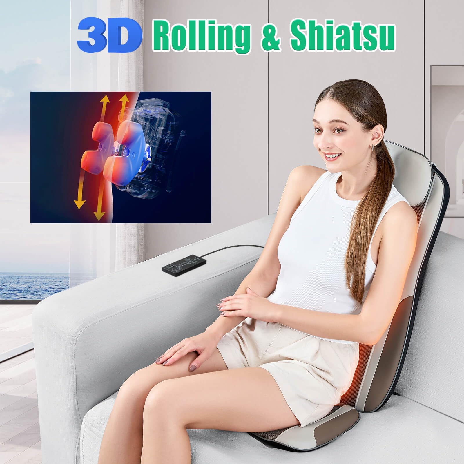 Shiatsu Back Massager with Heat, Massage Chair Pad with Deep Tissue Kneading, Seat Massager for Back Pain Relief, Vibration Cushion with Smart Timer, Home Office Travel Use, Gift for Men Women Mom Dad