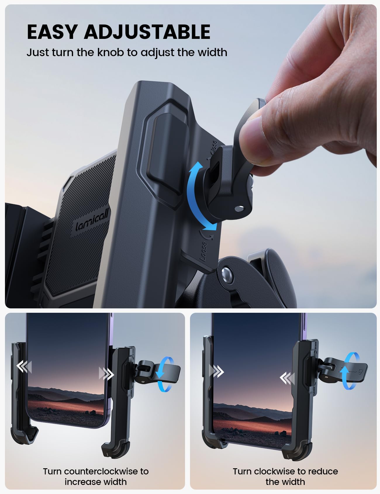 Lamicall Motorcycle Phone Mount Holder - [Camera Friendly] [1s Lock] Bike Phone Holder Handlebar Clamp, Bicycle Scooter Phone Clip, for iPhone 16 Pro Max, 15 14 13 Mini, 2.4~3.54" Wide Phones, Black