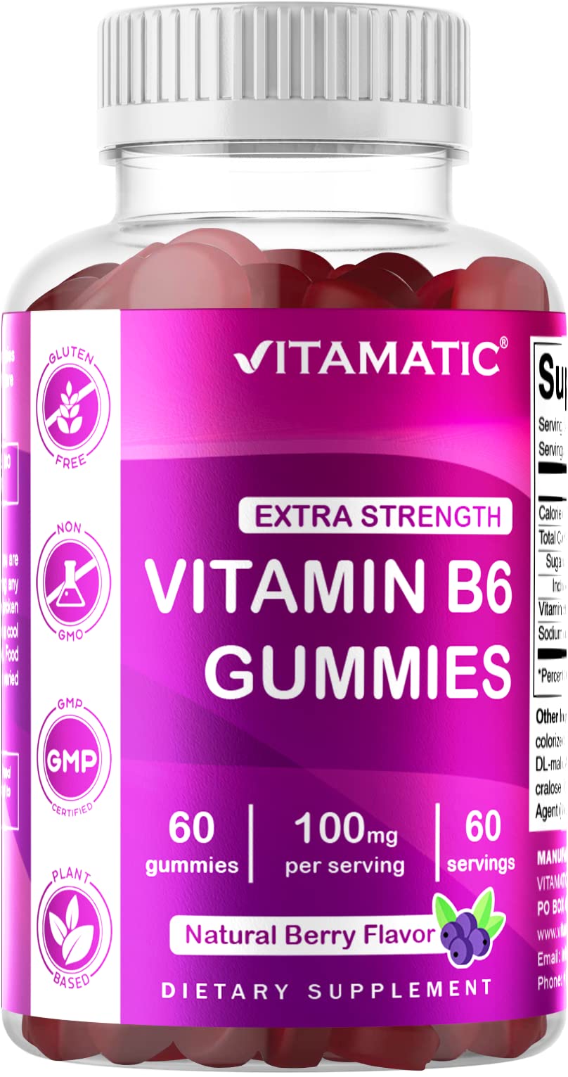 Vitamatic 2 Packs Vitamin B6 100mg - Berry Flavor - 60 Pectin Based Gummies - Supports Nervous System