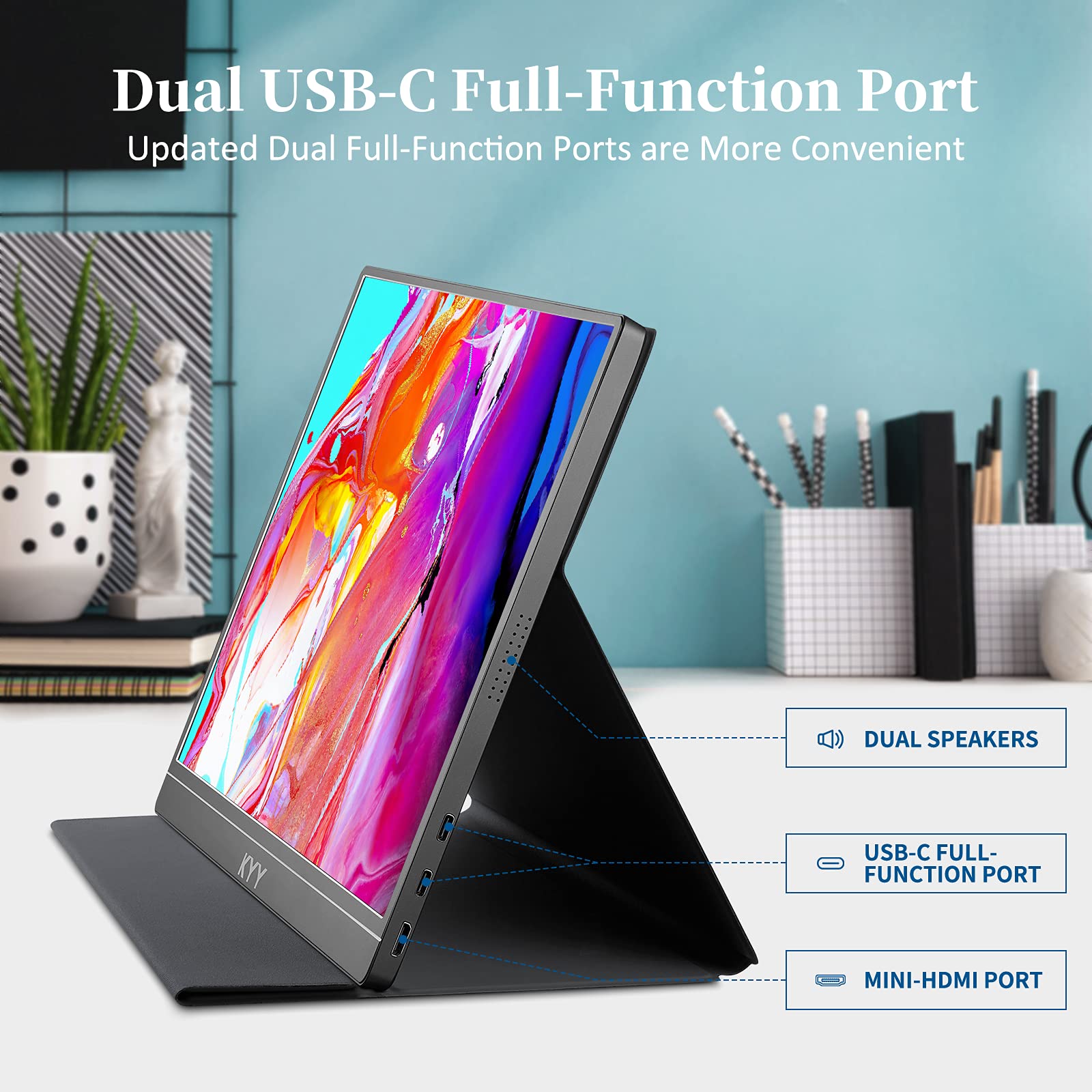 KYY Portable Monitor 15.6'' 1080P FHD USB-C Laptop Monitors w/Smart Cover & Dual Speaker, HDMI Computer Display IPS HDR External Gaming Monitor for PC Phone Mac Xbox PS4 Switch[Upgraded]