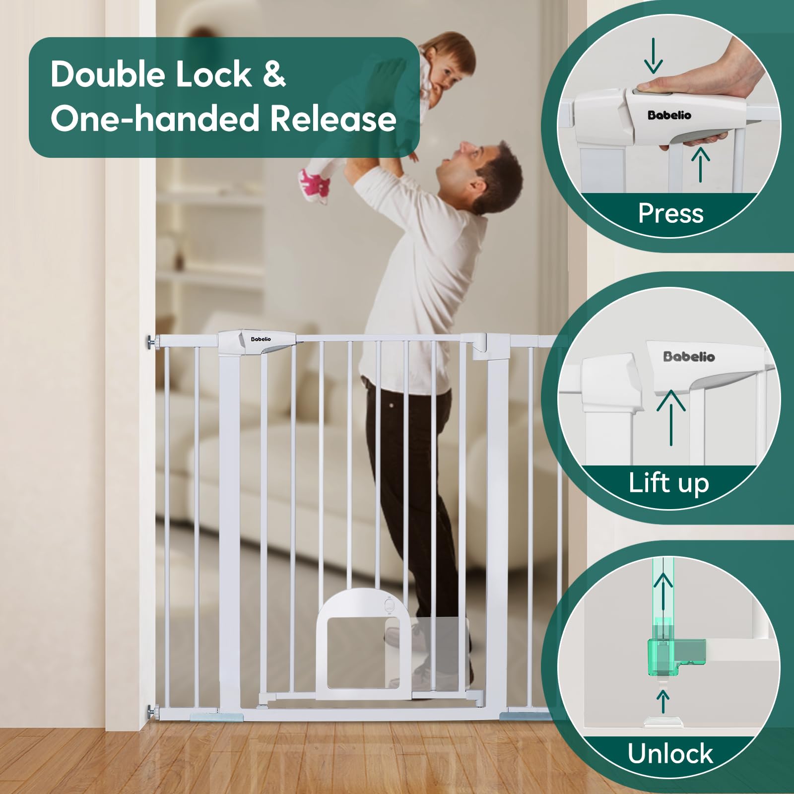 Babelio Baby Gate with Adjustable Cat Door, 29-43" Auto Close Durable Dog Gate for Stairs, Doorways and House, Easy Walk Thru Safety Gate with Pet Door, White