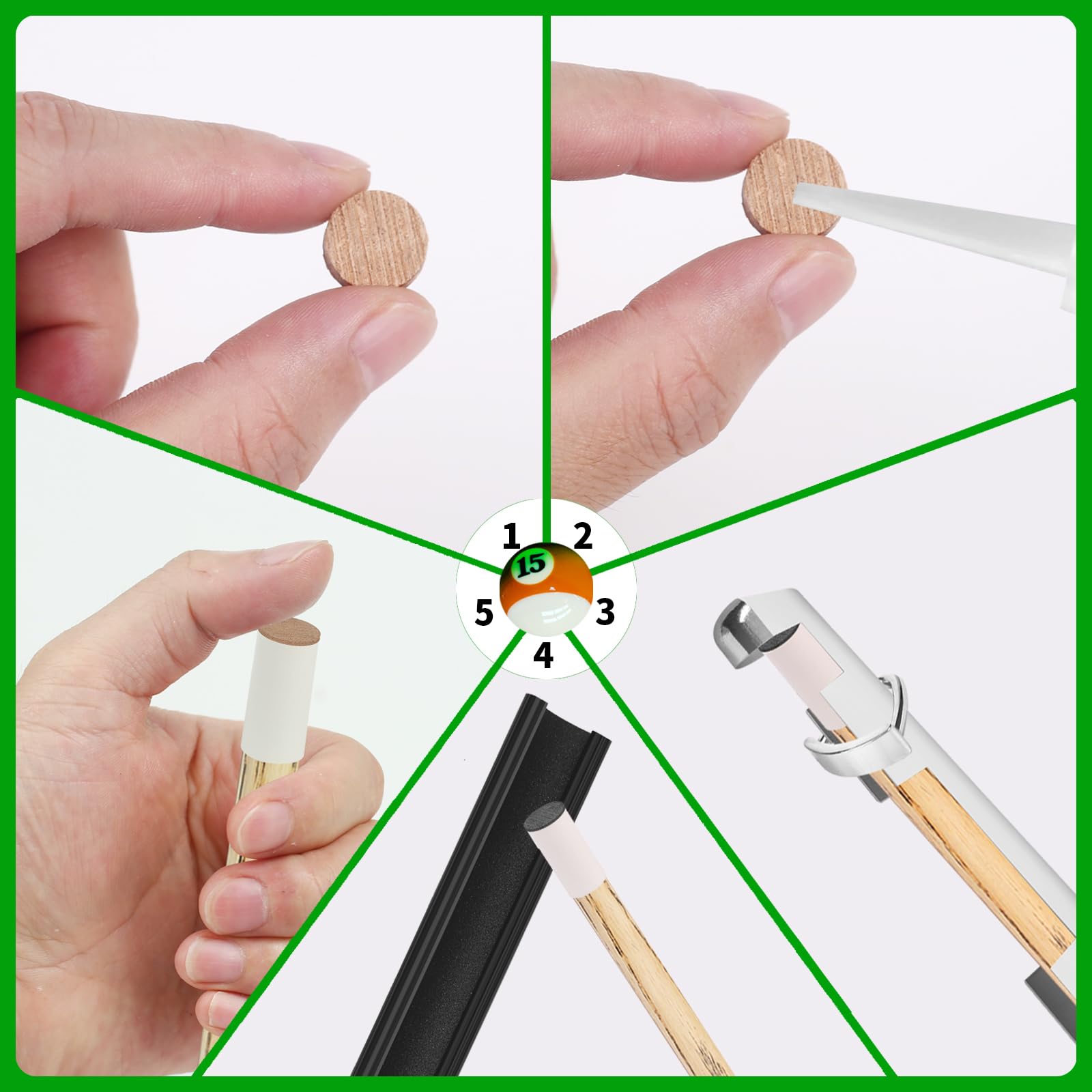 Vefungyan 38pcs Pool Cue Repair Kit: 2 Pool Cue Tip Clamp 20 Billiard Cue Tips 4 Shaper 5 Chalk Cubes 5 Pool Cue Repairers 2 Planers