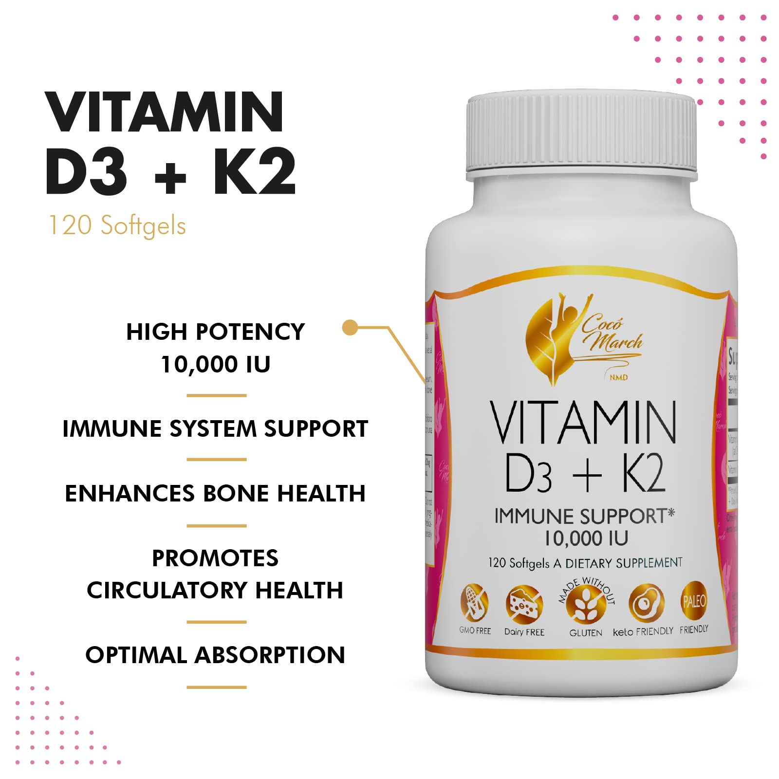 Coco March Vitamin D3+K2 10,000 IU - 4 Month Supply HIGH POTENCY - Immune & Joint Health Gluten Free, GMO Free, Dairy Free, Keto Friendly, Paleo Friendly, 250 mcg of D3-180 mcg of Vitamin K2