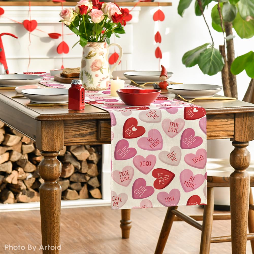 Artoid Mode Pink Ture Love Heart Valentine's Day Table Runner, Seasonal Kitchen Dining Table Decoration for Home Party Decor 13x72 Inch