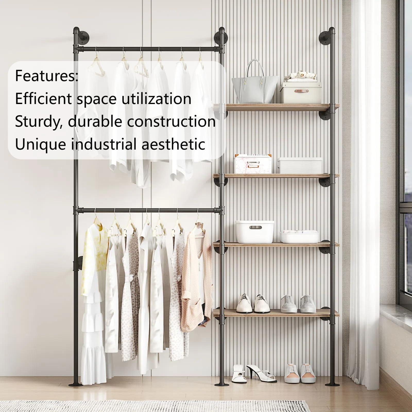 Woskar Industrial Pipe Clothing Rack, Hanging Rods Clothes Rack with Shelves, Clothes Rack for Wardrobe, Corner Closet System for Walk in Closets (Black, II-4Tier)