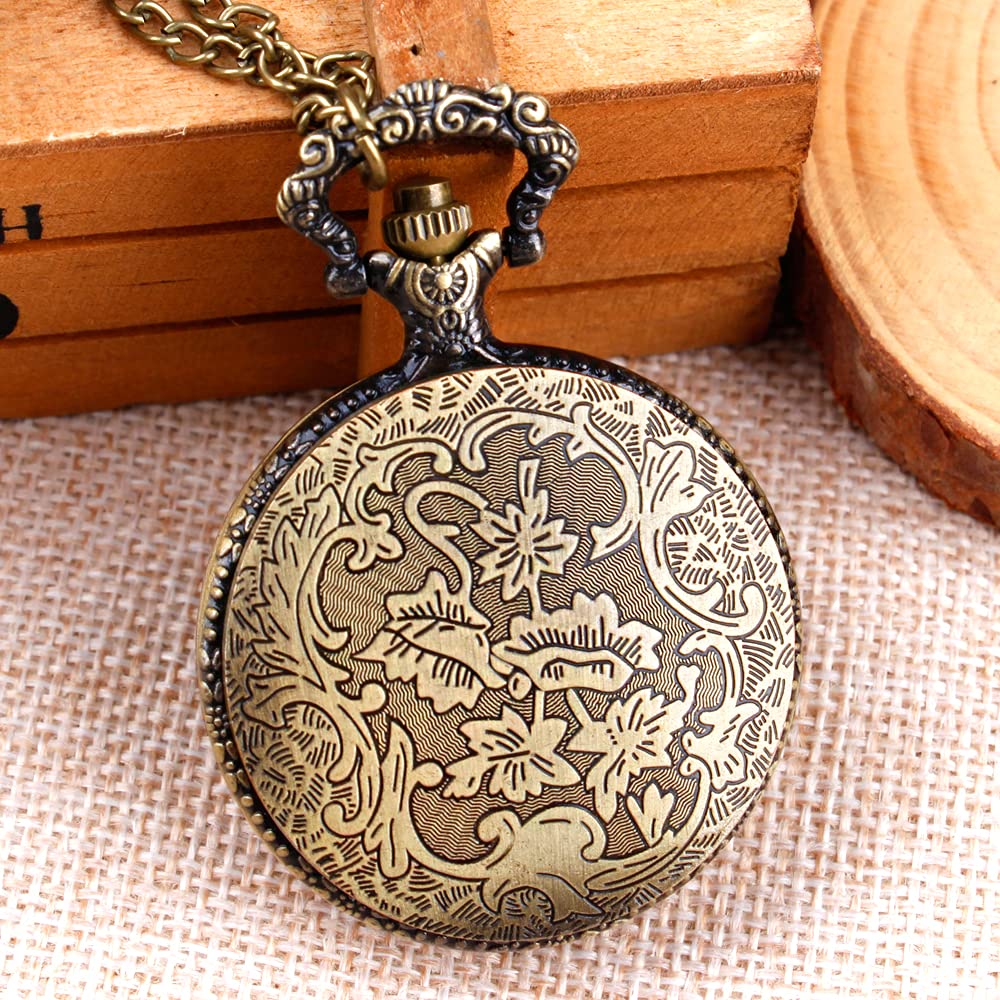 Whodoit Vintage Bronze Pocket Watch Tree Hollow Quartz Watch Men Pendant Necklace Gifts Watches