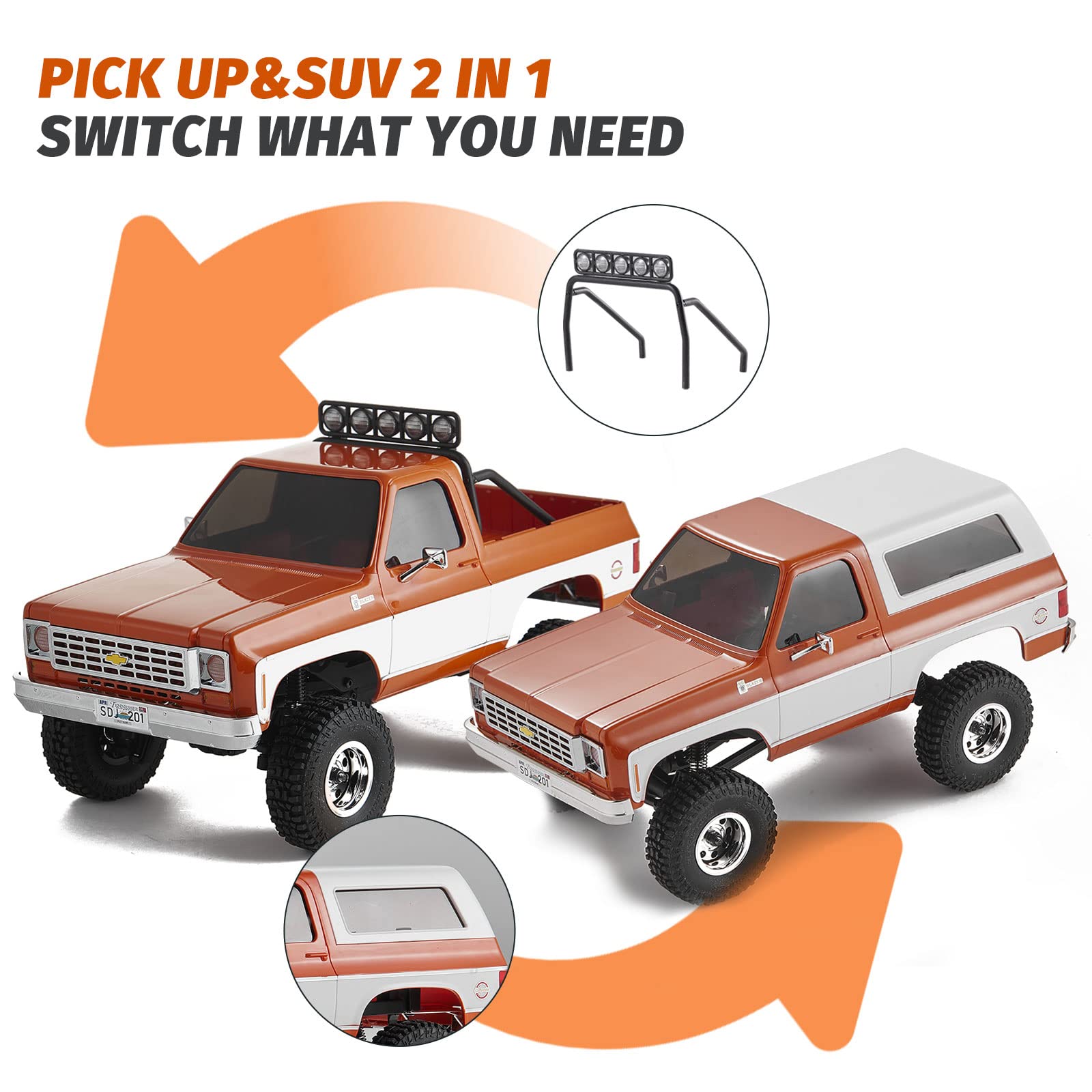WOWRC FMS 1/24 RC Crawler FCX24 Chevy K5 Blazer Officially Licensed, Mini RC Car Pick Up Truck & SUV 2 in 1, 4WD 8km/h 2 Speeds Switch, 2.4GHz 3CH Off-Road RC Model with LED Lights for Adults, Orange