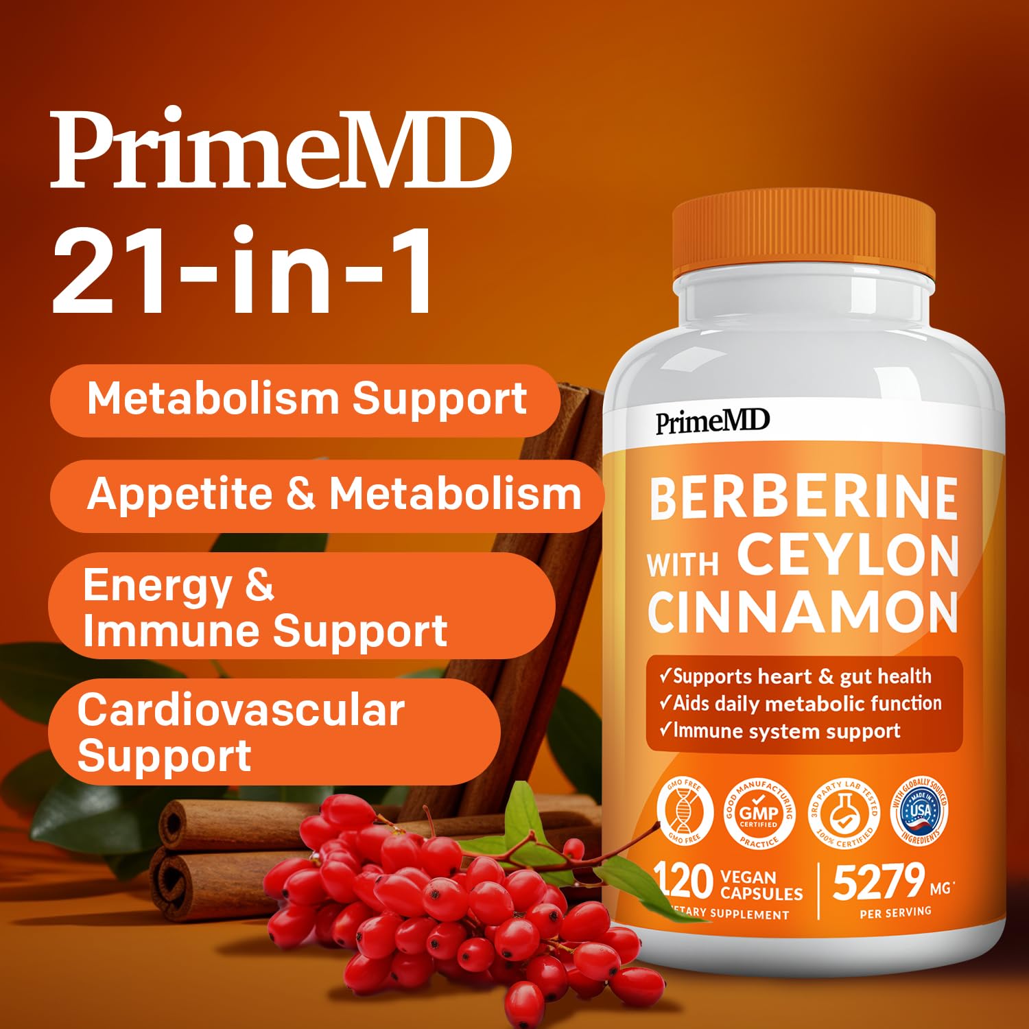 PrimeMD 21-in-1 Berberine Supplement with Ceylon Cinnamon, Chromium, Bitter Melon and Green Tea Extract (120 ct) &