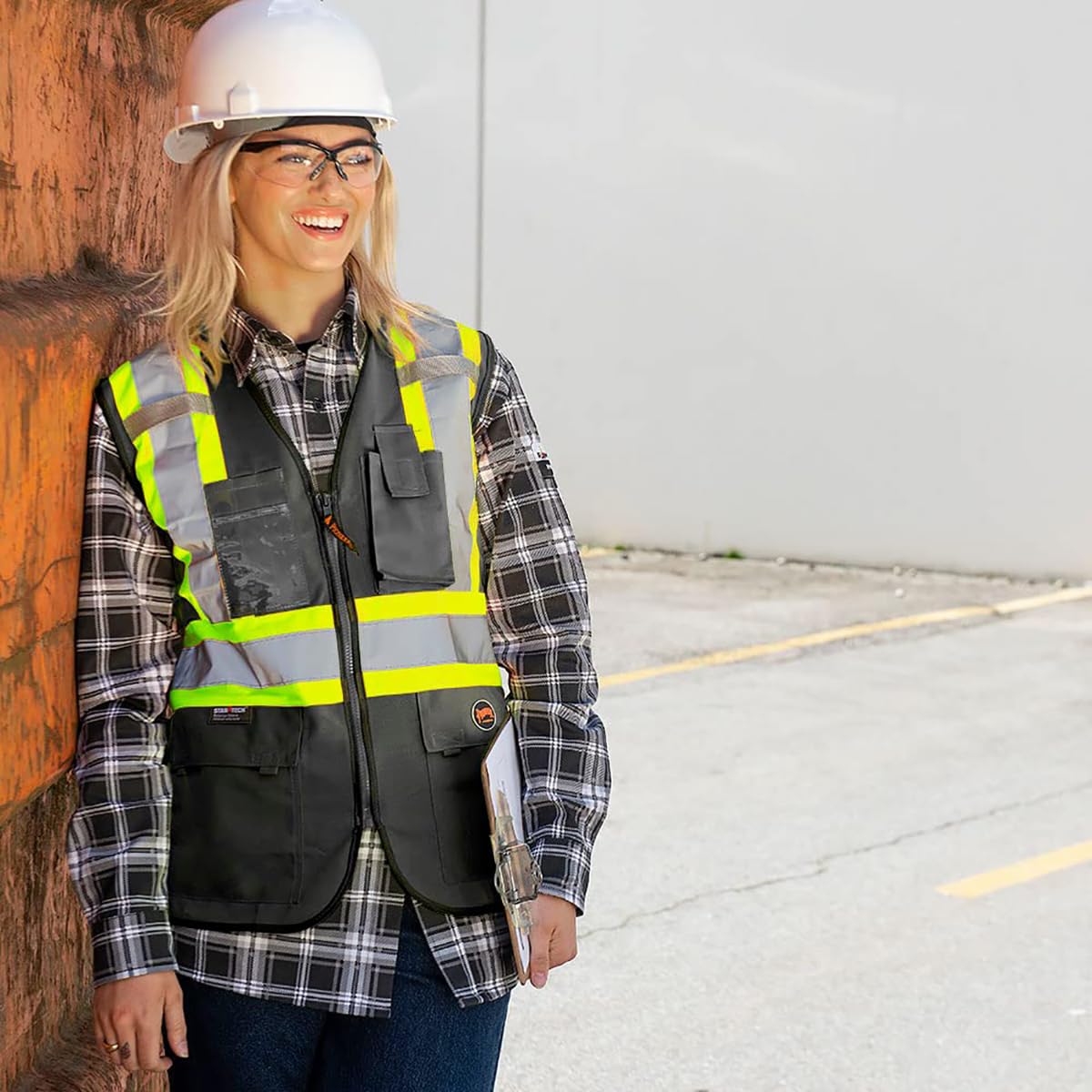 Pioneer Safety Vest for Women with Pockets - Hi-Vis Reflective Tape - for Construction - Black