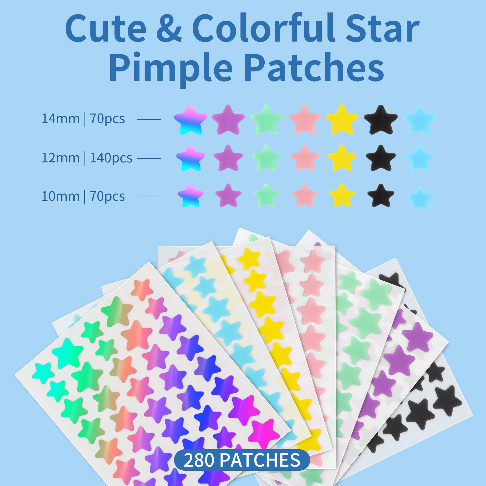 Daolyo Pimple Patches for Face, 3 Size 280 Counts Acne Patches, Cute Star Pimple Patches with Salicylic Acid, Tea Tree Oil & Calendula Oil, Colorful Hydrocolloid Patches Zit Patches Pimple Stickers