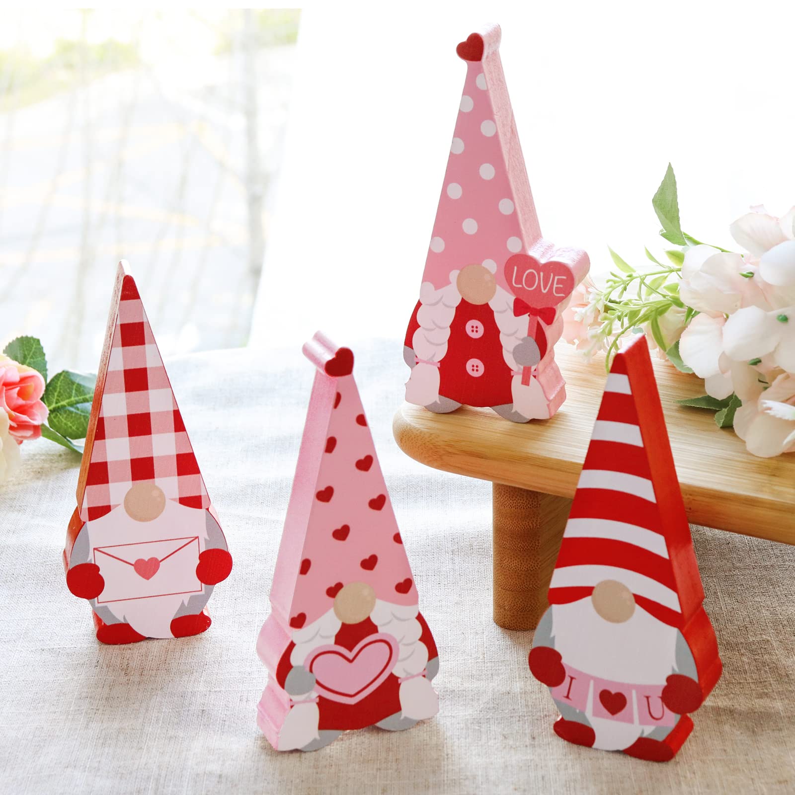 Treory Valentines Day Decor Gnome Table Decorations Sign, 4 Pcs Valentines Day Red and Pink Wooden Tiered Tray Decor, Classic Valentines Day Decorations for The Home Table Decor Valentines Day Gifts