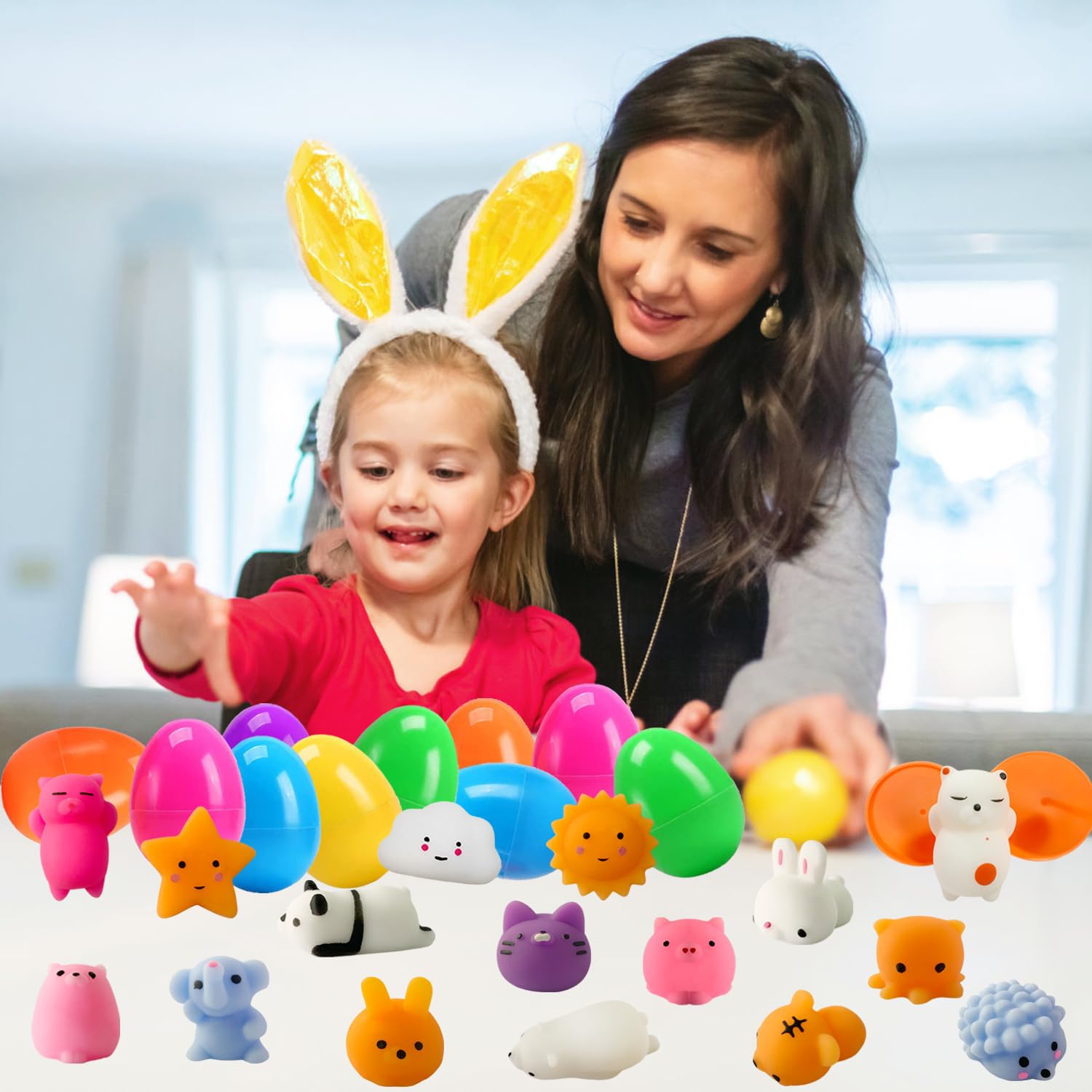 24 Pack Fillers Easter Eggs with Mochi Squishy Toys Surprise Mini Kawaii Animal Squishies Stress Relief Toys for Easter Basket Stuffers Hunt Theme Party Favors Classroom Prize Supplies