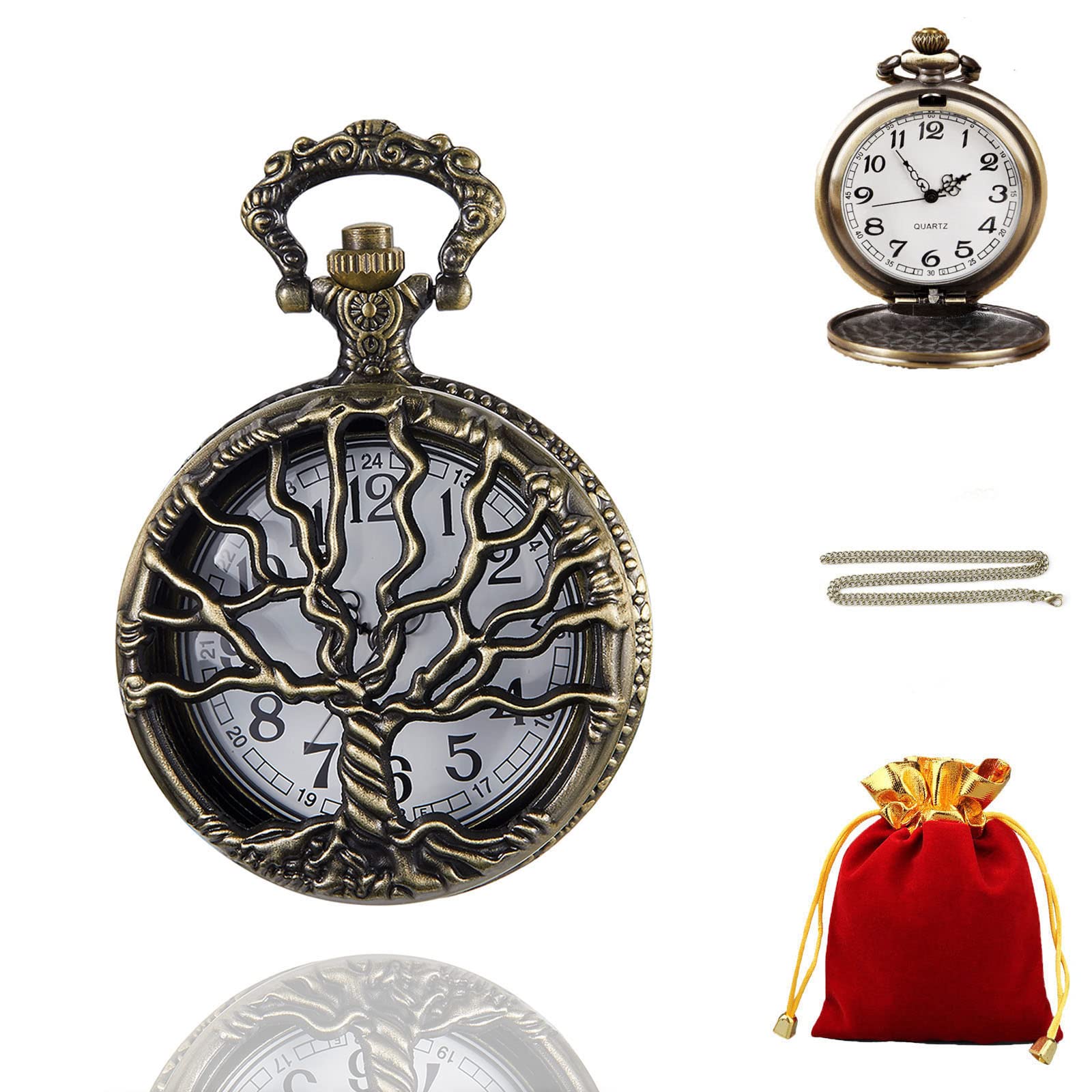 Whodoit Vintage Bronze Pocket Watch Tree Hollow Quartz Watch Men Pendant Necklace Gifts Watches