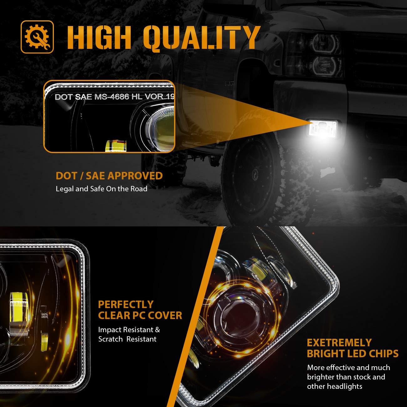 Auxbeam 4x6 LED Headlights, 4PCS 60W DOT Approved Rectangular H4651 H4652 H4656 H4666 H6545 Headlight Compatible with Kenworth Freightliner Peterbilt Ford Probe Oldsmobile Cutlass Trucks Black