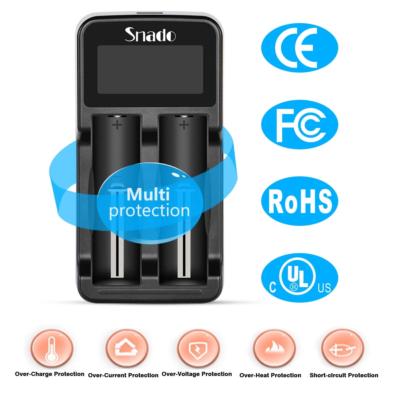 Intelligent Charger, Snado LCD Display Universal Smart Charger for Rechargeable Batteries Li-ion Batteries 18650 18490 18350 17670 17500 16340 14500, Ni-MH/Ni-Cd A AA AAA Battery (2 Slots)