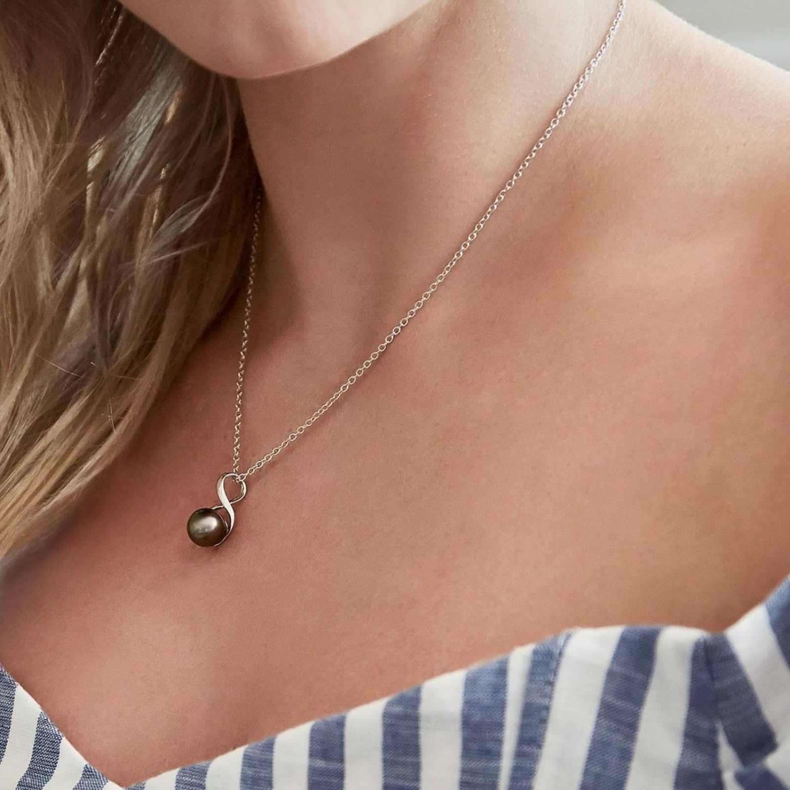 The Pearl Source Real Pearl Pendant for Women with Genuine AAA Quality Black Tahitian Cultured Pearl with Infinity Design | 14K Gold Plated 925 Sterling Silver Necklace