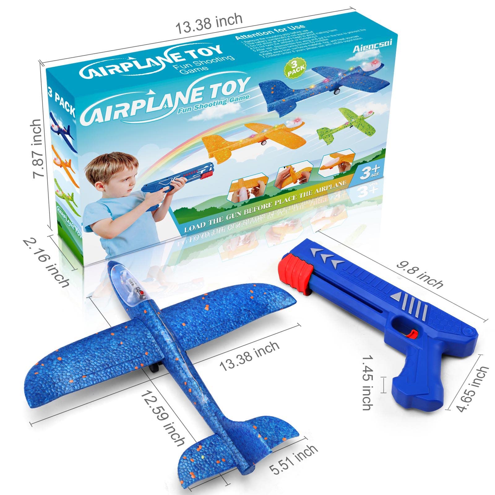 3 Pack Airplane Launcher Toy, 12.6" Foam Glider Led Plane, 2 Flight Mode Catapult Plane for Kids Outdoor Sport Flying Toys Gifts for 3 4 5 6 7 8 9 10 12 Year Old Boys Girls