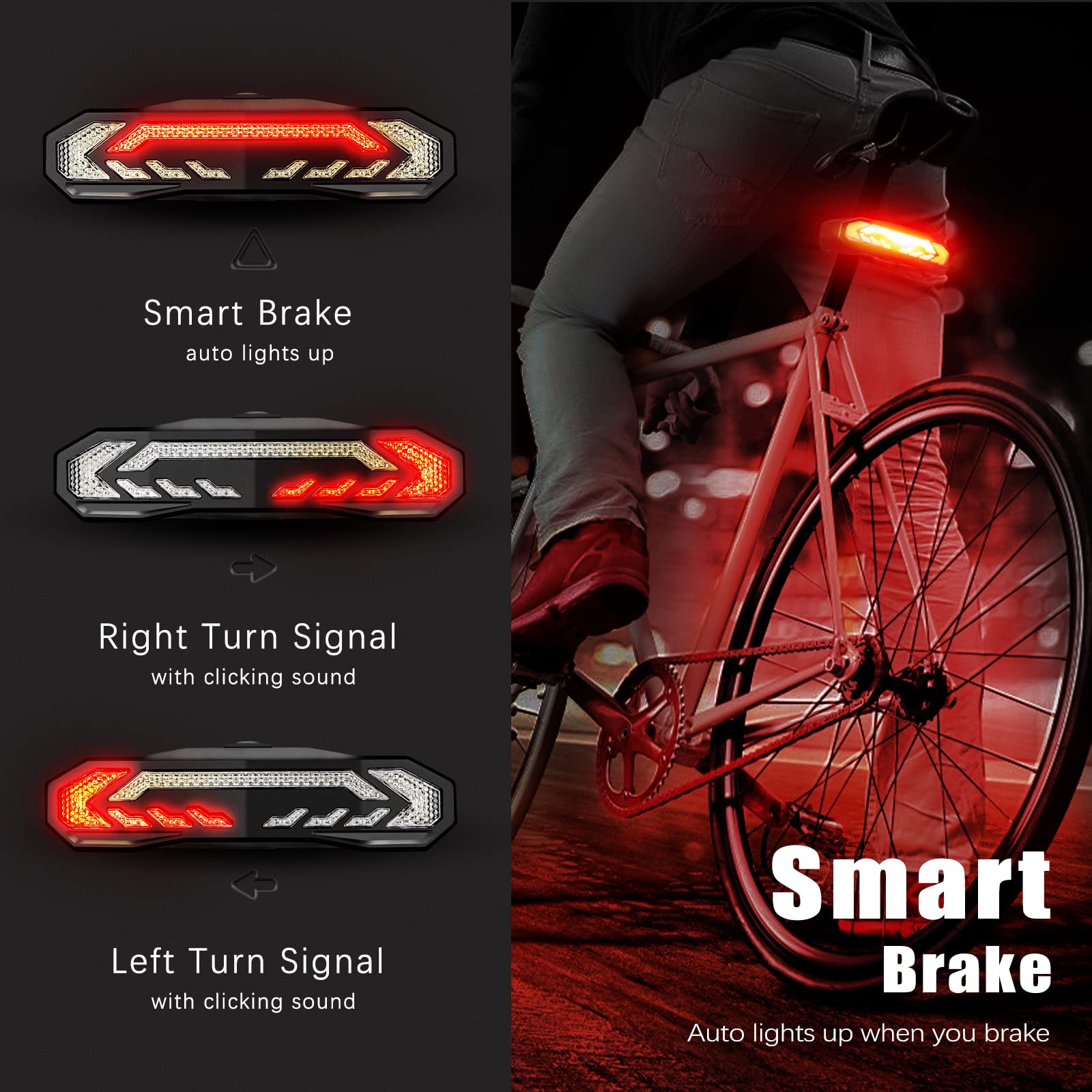 WSDCAM Smart Bike Tail Light with Turn Signals and Rear Brake Light, Bike Alarm Horn with Remote, Auto ON/Off Rechargeable Waterproof