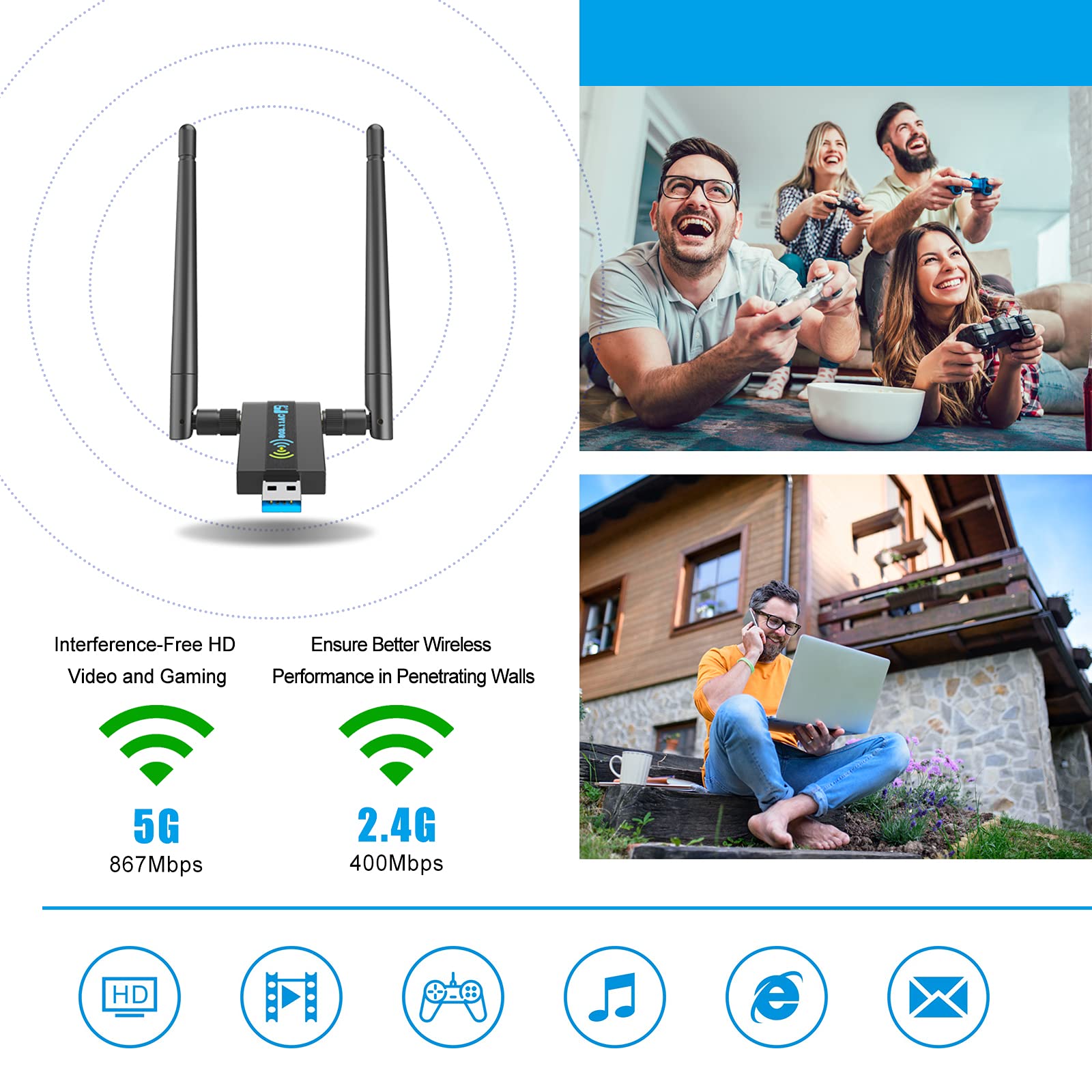 Wireless USB WiFi Adapter for PC: 1300Mbps WiFi USB, 802.11AC WiFi Adapter for Desktop PC, Dual Band WiFi Dongle Wireless Adapter for Windows11/10/8/7/Vista/XP, USB Computer Network Adapters