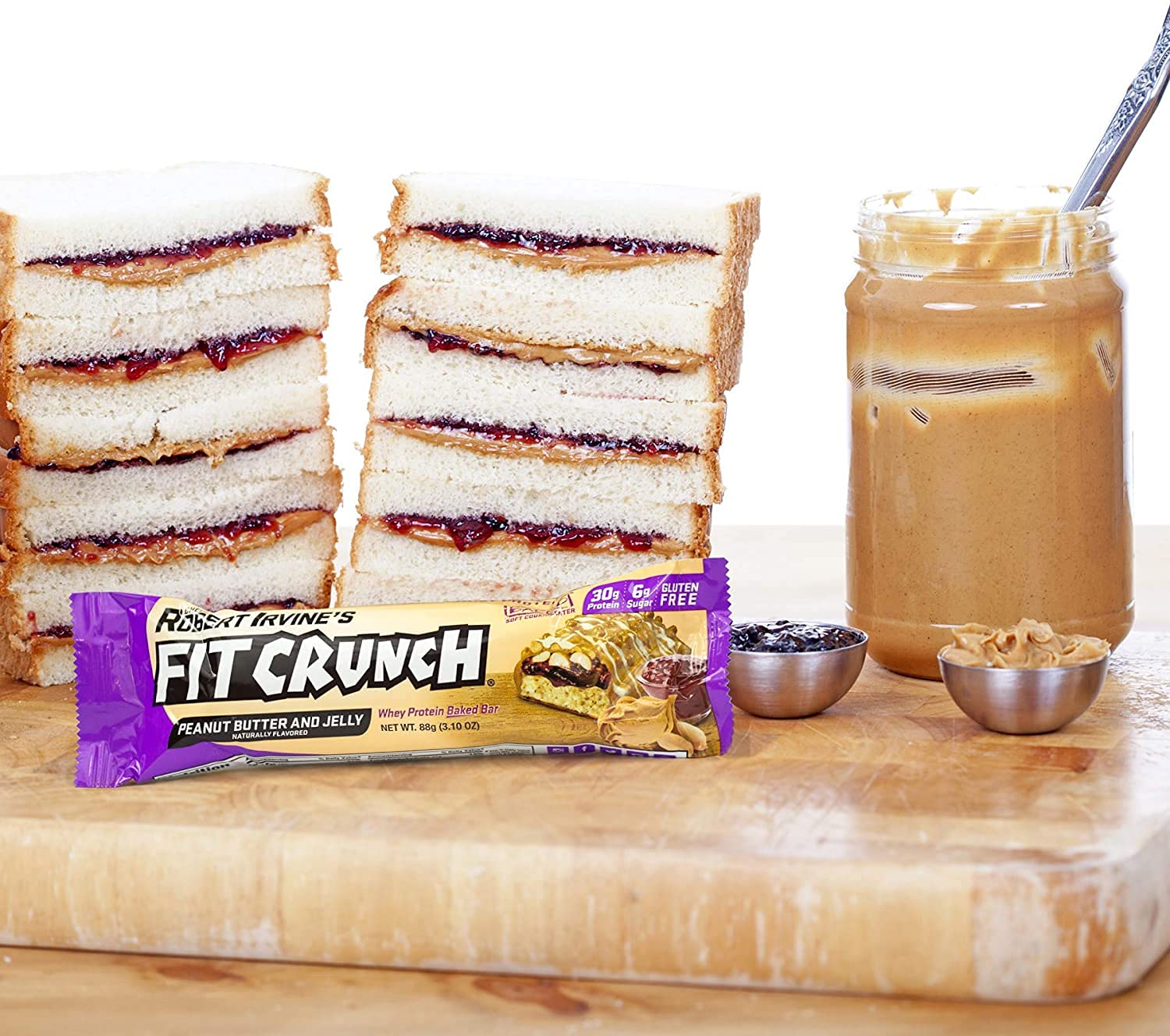 FITCRUNCH Snack Size Protein Bars, 6-Layer Baked Bar, 1g of Sugar, Gluten Free & Soft Cake Core (18 Bars, Peanut Butter and Jelly)