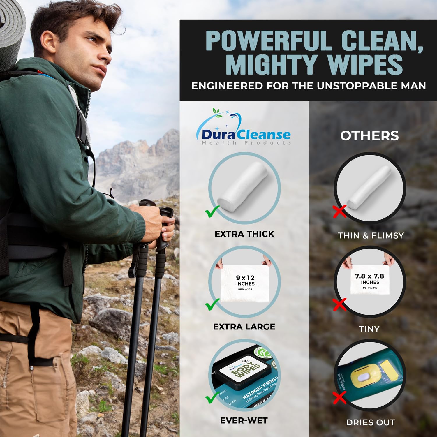 Body Wipes for Men - 50 XL No Rinse Shower Wipes + 4 Travel Bath Wipes - 9"x12" After Gym Wipes - Mens Deodorant Wipes - Face Wipes for Men -For Camping Essentials, Survival Gear and Supplies