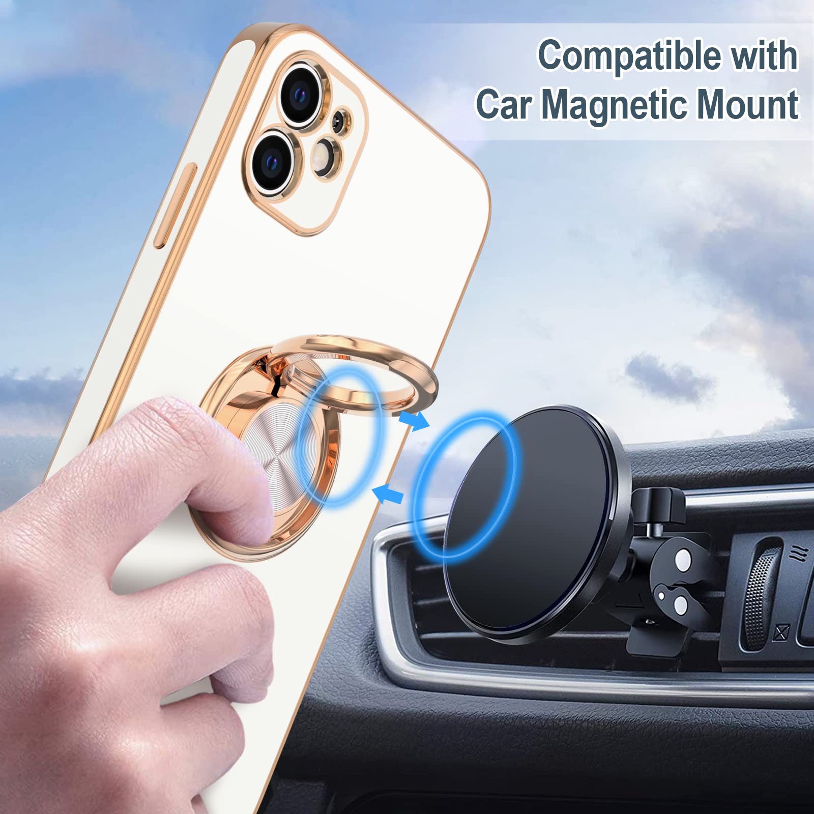 Hython Case for iPhone 11 Case with Ring Stand [360°Rotatable Ring Holder Magnetic Kickstand] [Shiny Plated Rose Gold Edge] Slim Soft TPU Cover Luxury Protective Phone Case for Women Men, White