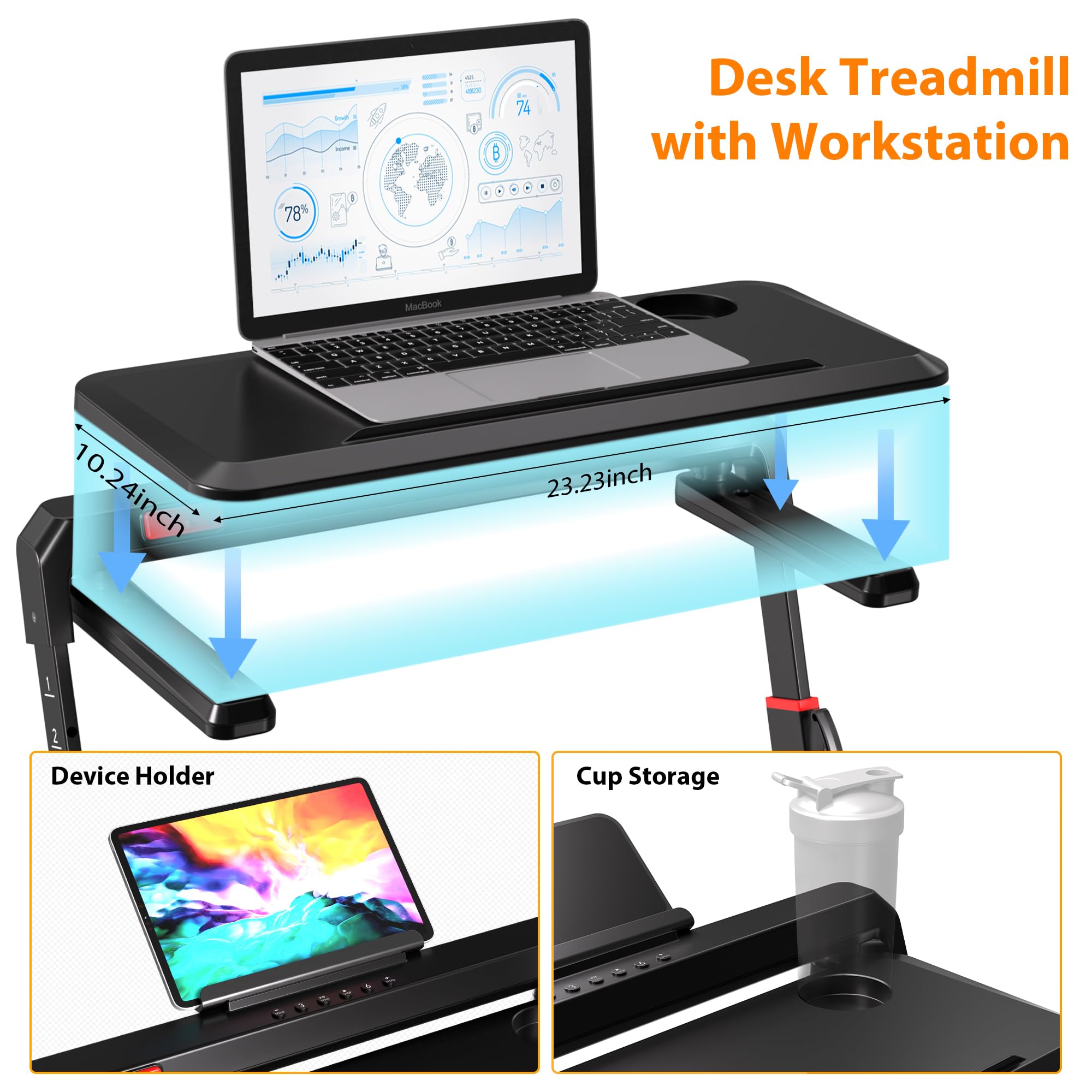 HiFast Walking Pad Treadmill with Desk Workstation, 3.0HP Under Desk Treadmills with 8% Incline Handle Bar, Foldable Portable Treadmill for Home Office, 300lbs Capacity, Remote Control, APP
