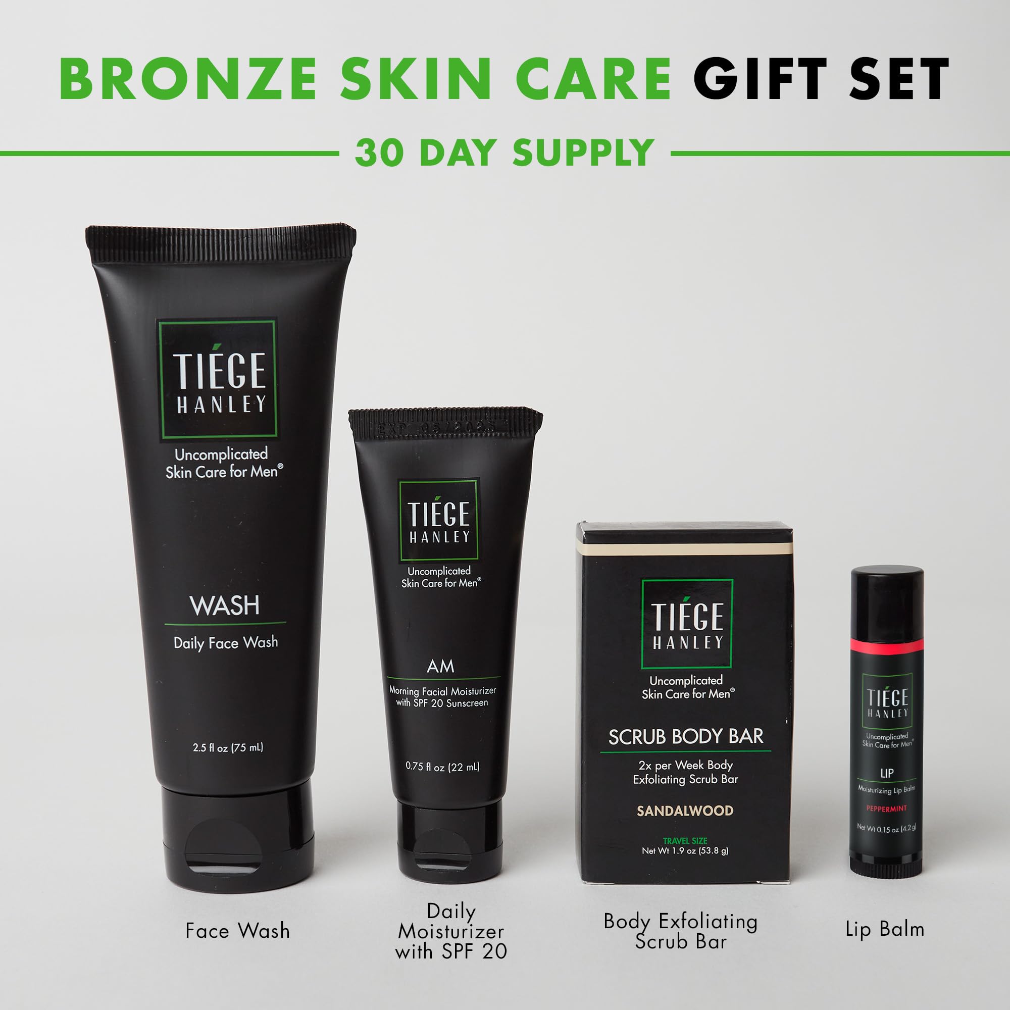 Tiege Hanley Mens Skin Care Gift Box Set, Bronze - Men's Skincare Set Includes Face Wash, Facial Moisturizer with SPF 20 Sunscreen, Body Exfoliating Scrub Bar, & Moisturizing Lip Balm