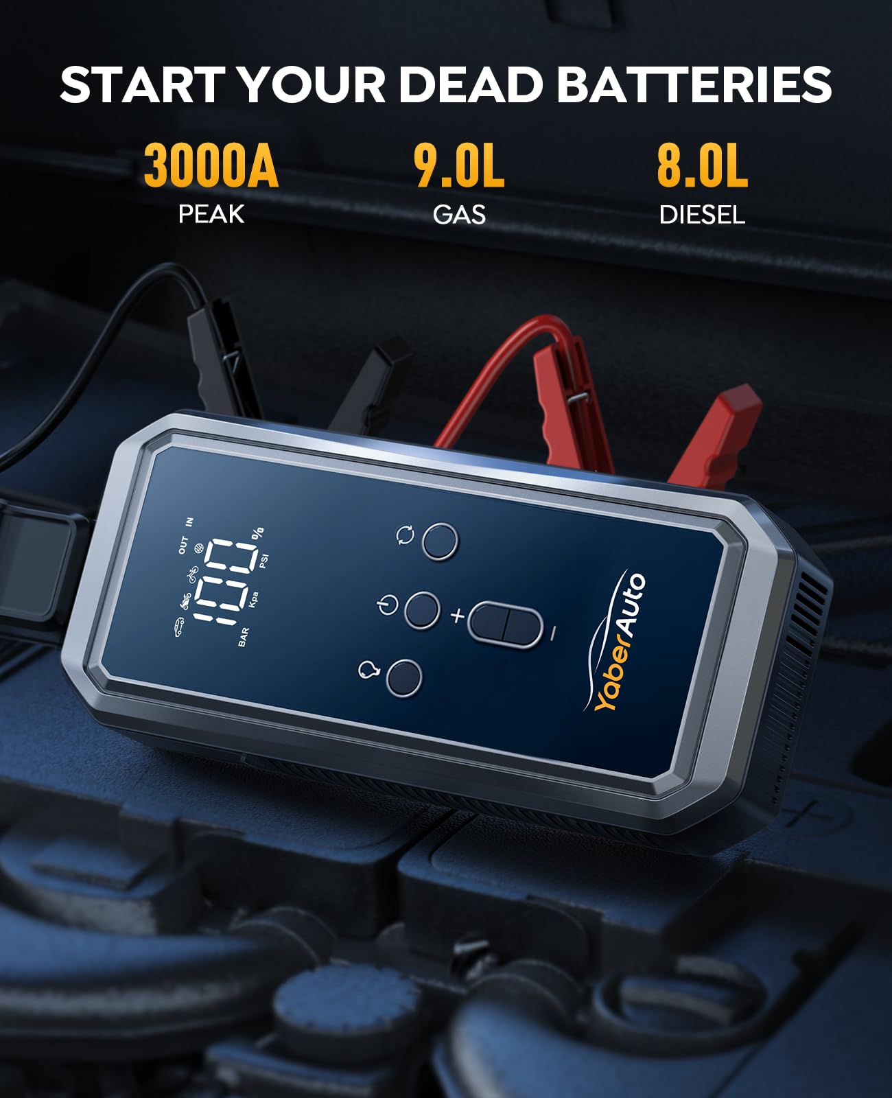 Portable Car Jump Starter with Air Compressor, YaberAuto 150PSI 3000A Car Battery Jump Starter (9.0 Gas/8.0L Diesel), 12V Jump Box Car Battery Jumper Starter with Large LCD Display, Lights