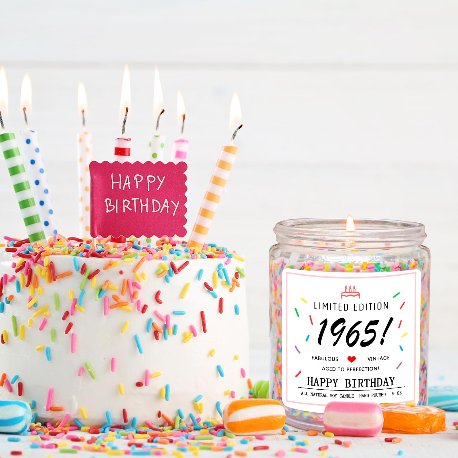 Homsolver 60th Birthday Gifts for Women Ideas, Happy 1965 60th Birthday Candle Gifts-Limited Edition 1965 Handmade Candles (Vanilla Birthday Cake Scent with Sprinkles)