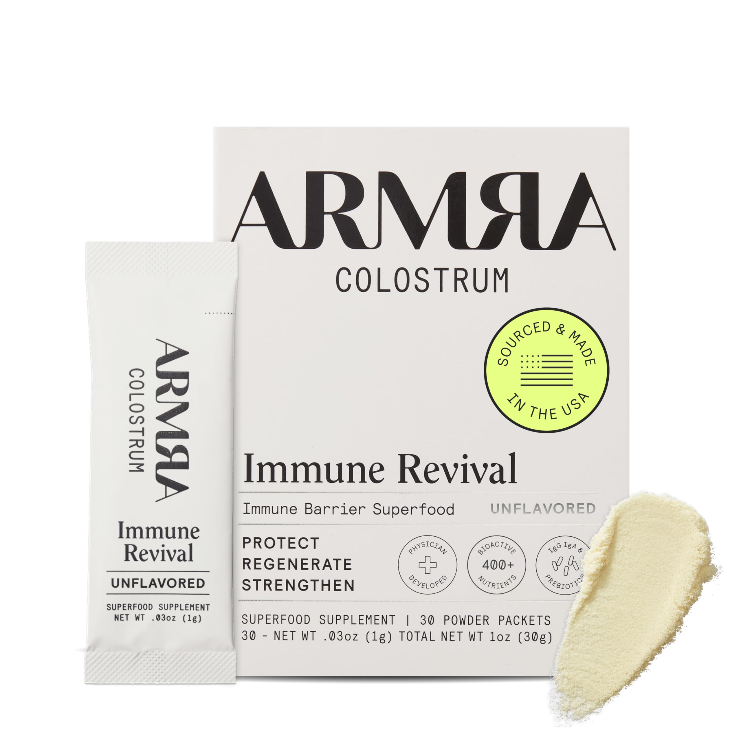 ARMRA Colostrum™ Premium Powder, Grass Fed, Gut Health Bloating Immunity Skin & Hair, Contains 400+ Bioactive Nutrients, Potent Bioavailable, Keto, Gluten & Fat Free (Unflavored | 30 Servings)