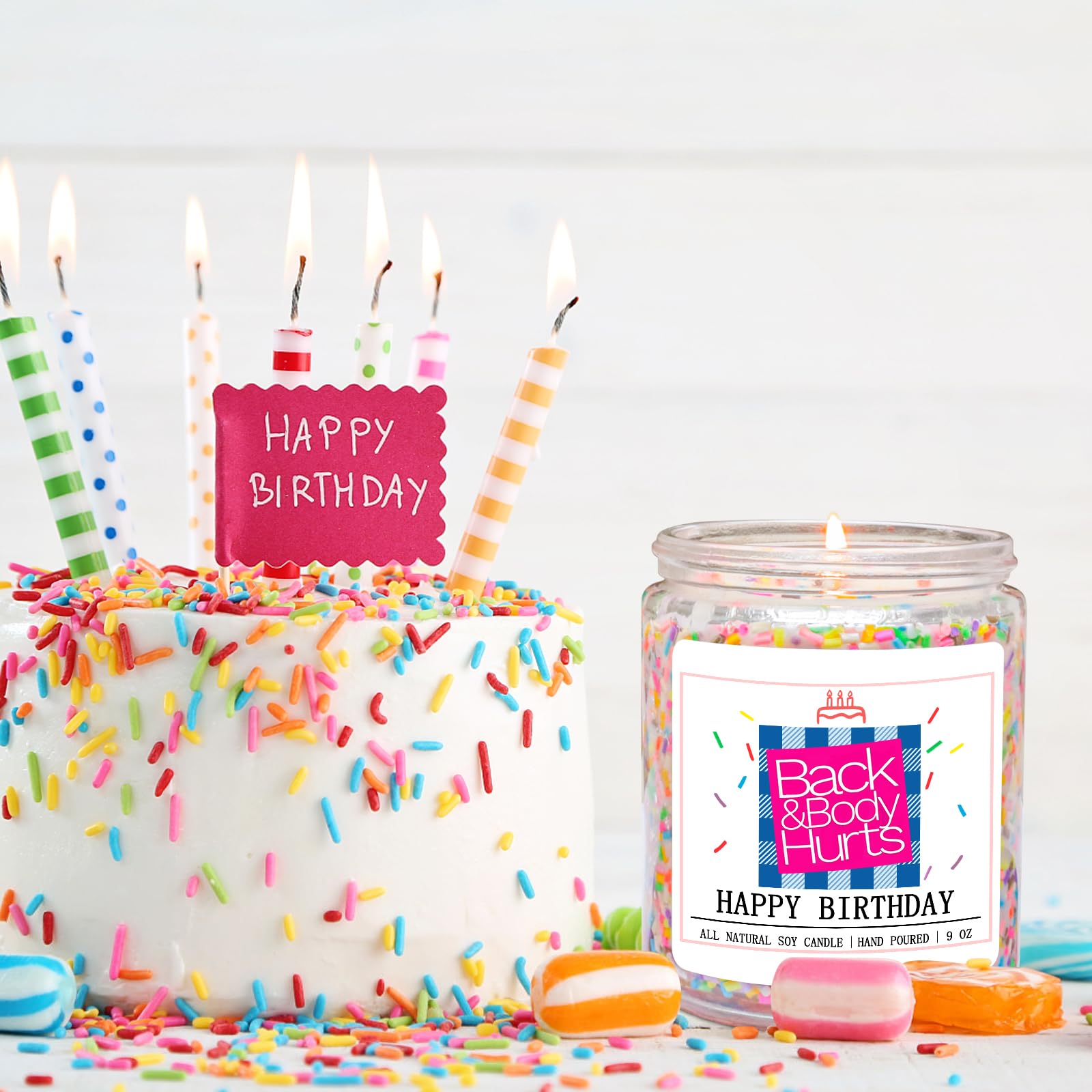 Homsolver Birthday Candles Gifts for Her and Him, Birthday Gifts for Women Men, Unique Best Friend Gift Ideas -Back & Body Hurts Happy Birthday Candle