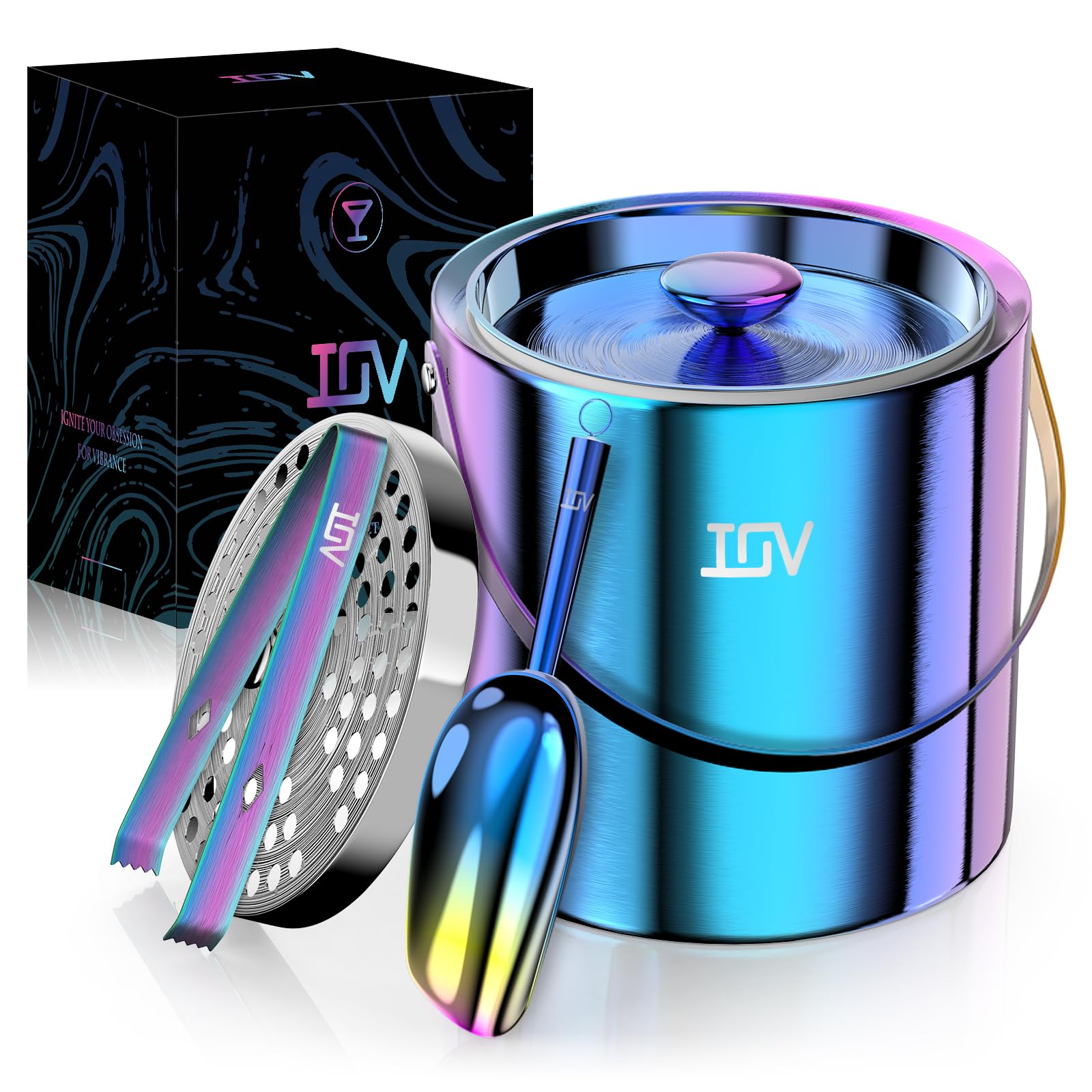 IOV Ice Bucket with Lid, Scoop, Tongs, and Strainer, 3 L Stainless Steel Double Wall Insulated Ice Bucket for Parties, Keeps Ice Frozen Longer, Ideal for Cocktail Bars, Freezers, and Wine - Rainbow