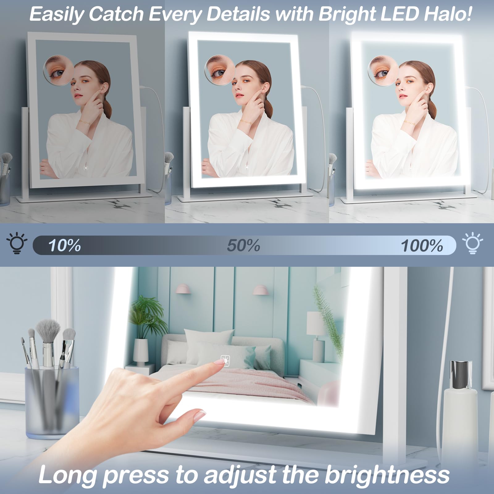 Gvnkvn 15.2" Lighted Makeup Mirror Hollywood Vanity Mirror with Lights, Three Color Modes,Detachable 10X Magnification Mirror, Smart Touch Control, 360°Rotation White