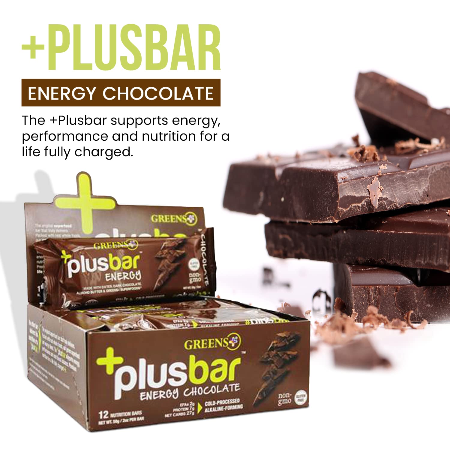 Greens+ Plusbar Energy Bars, Chocolate, Gluten Free Healthy Snacks with Organic Super Greens, Superfoods & Dark Chocolate, Vegan, Dairy Free & Non GMO, 8g Protein Meal Replacement Bars, 12 Bars