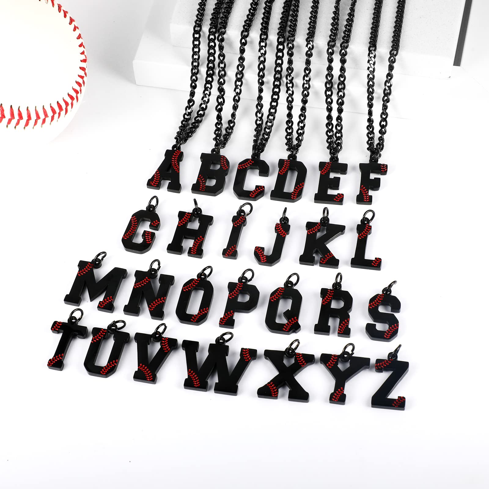 AIAINAGI Baseball Initial A-Z Letter Necklace for Men Baseball Charm Pendant Stainless Steel Black Chain 22inch Personalized Baseball Gift for Men（J）
