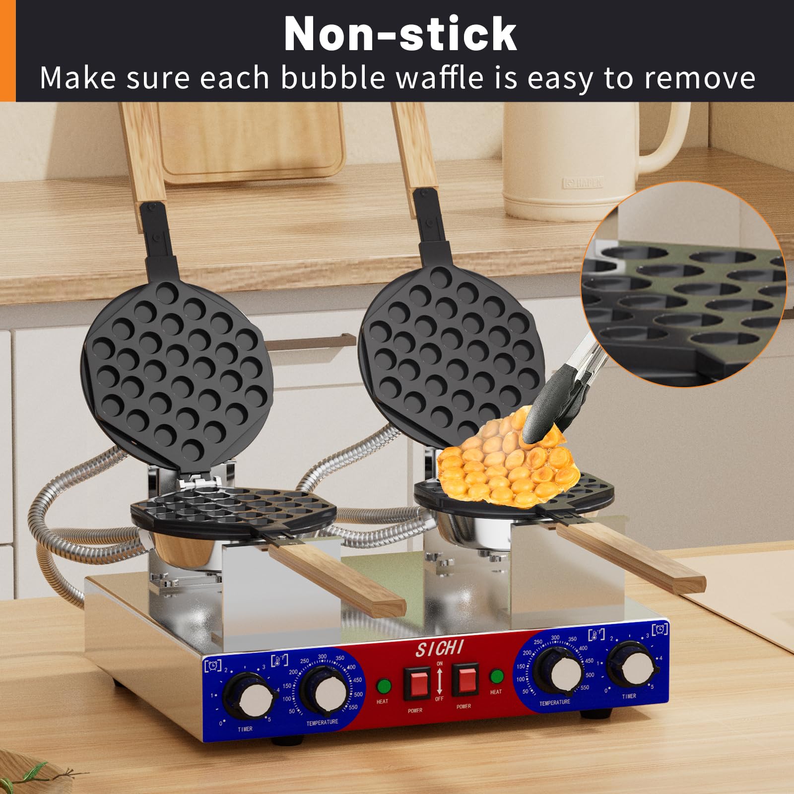 SICHI Bubble Waffle Maker Machine with 550℉Heating and Timer Control,7'' x 8'' Large Egg Pancake Double-sided Egg Waffle Maker with Nonstick,Commercial double-head Waffle Maker for Restaurant Kitchen