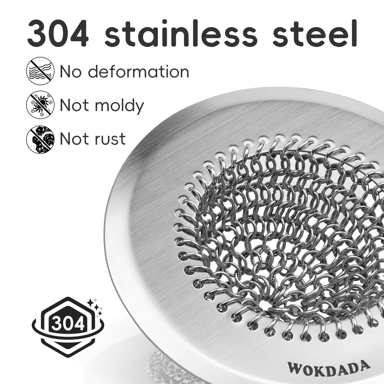 Wokdada Revolutionary Kitchen Sink Drain Strainer/Patented Reversible Chain Mesh, Effortless Cleaning & Debris Catcher, Large Capacity, No Clog, 304 Stainless Steel & Rust-Proof/Handmade