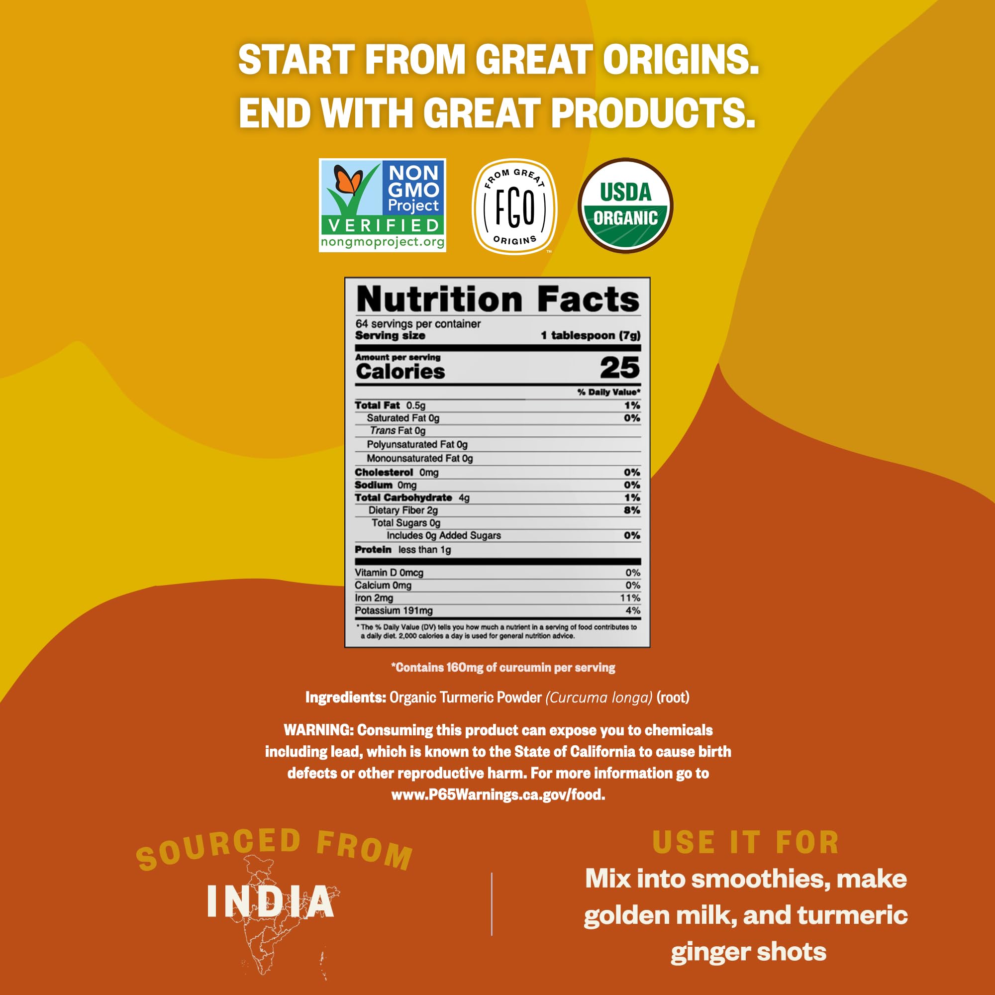 FGO Organic Turmeric Powder w/Curcumin, from India, 8oz, Packaging May Vary (Pack of 1)