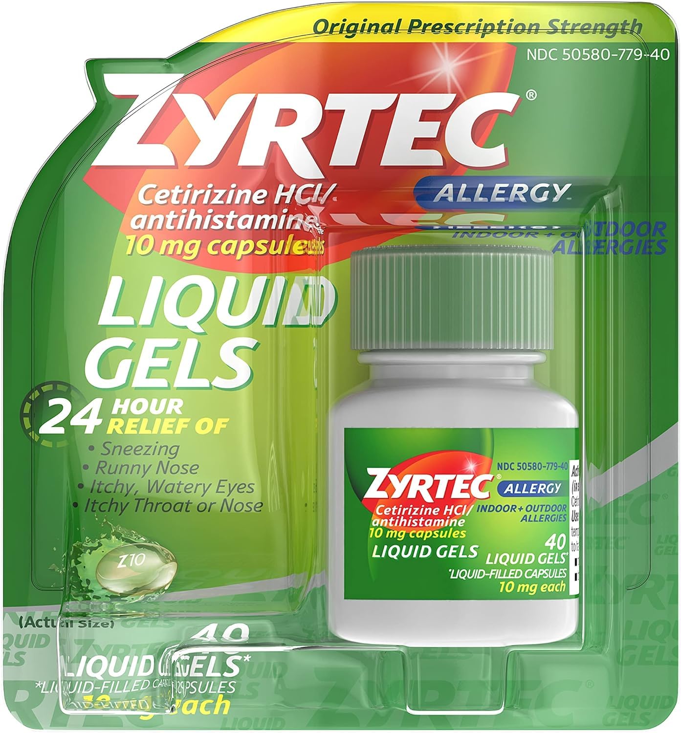 Zyrtec 24 Hour Indoor & Outdoor Allergy Liquid Gels, Antihistamine Capsules with Cetirizine Hydrochloride for All-Day Allergy Relief, 40 ct ( Pack of 2)